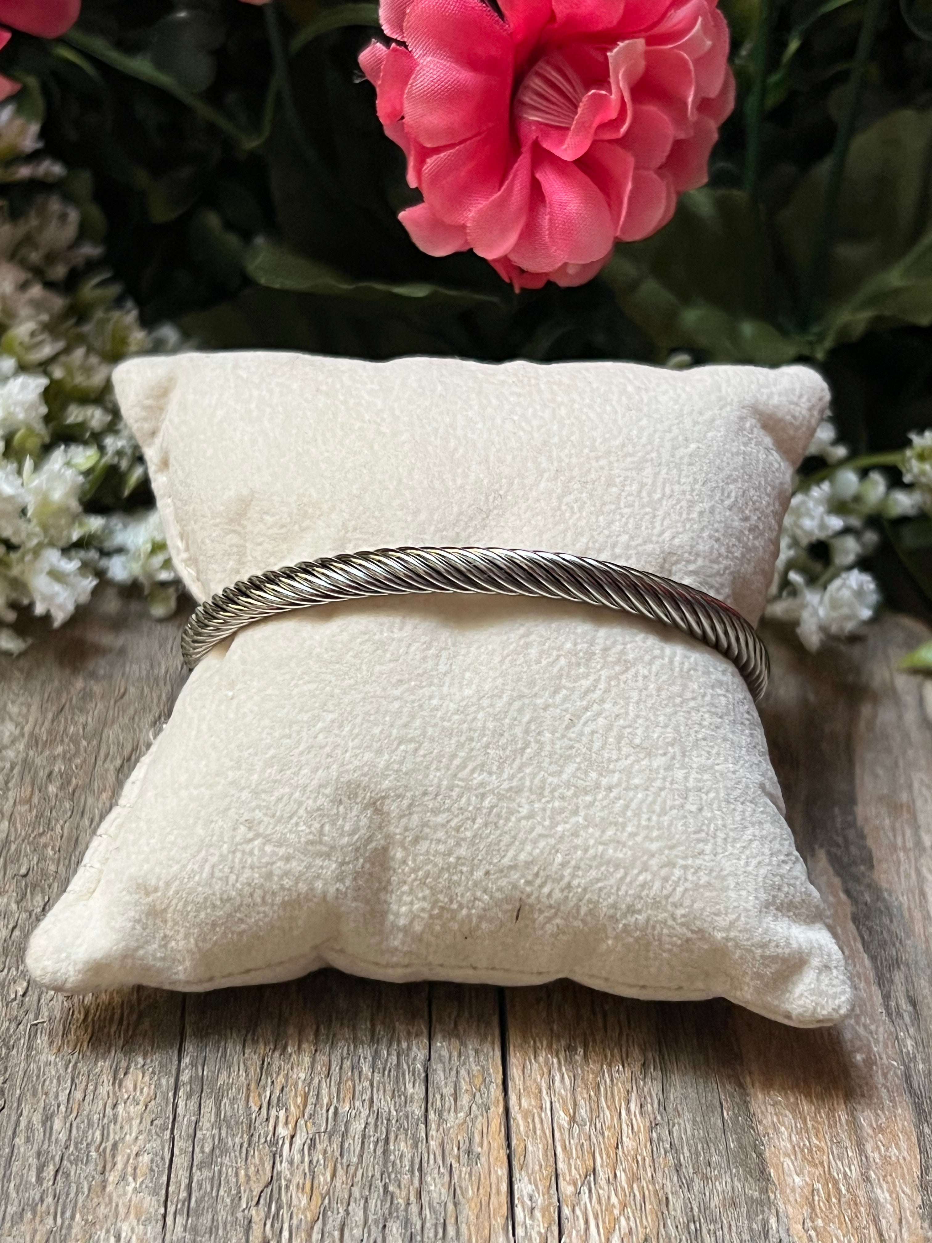 Silver & 14k Gold Plated Two Tone Cable Hook CZ Bangle Bracelet