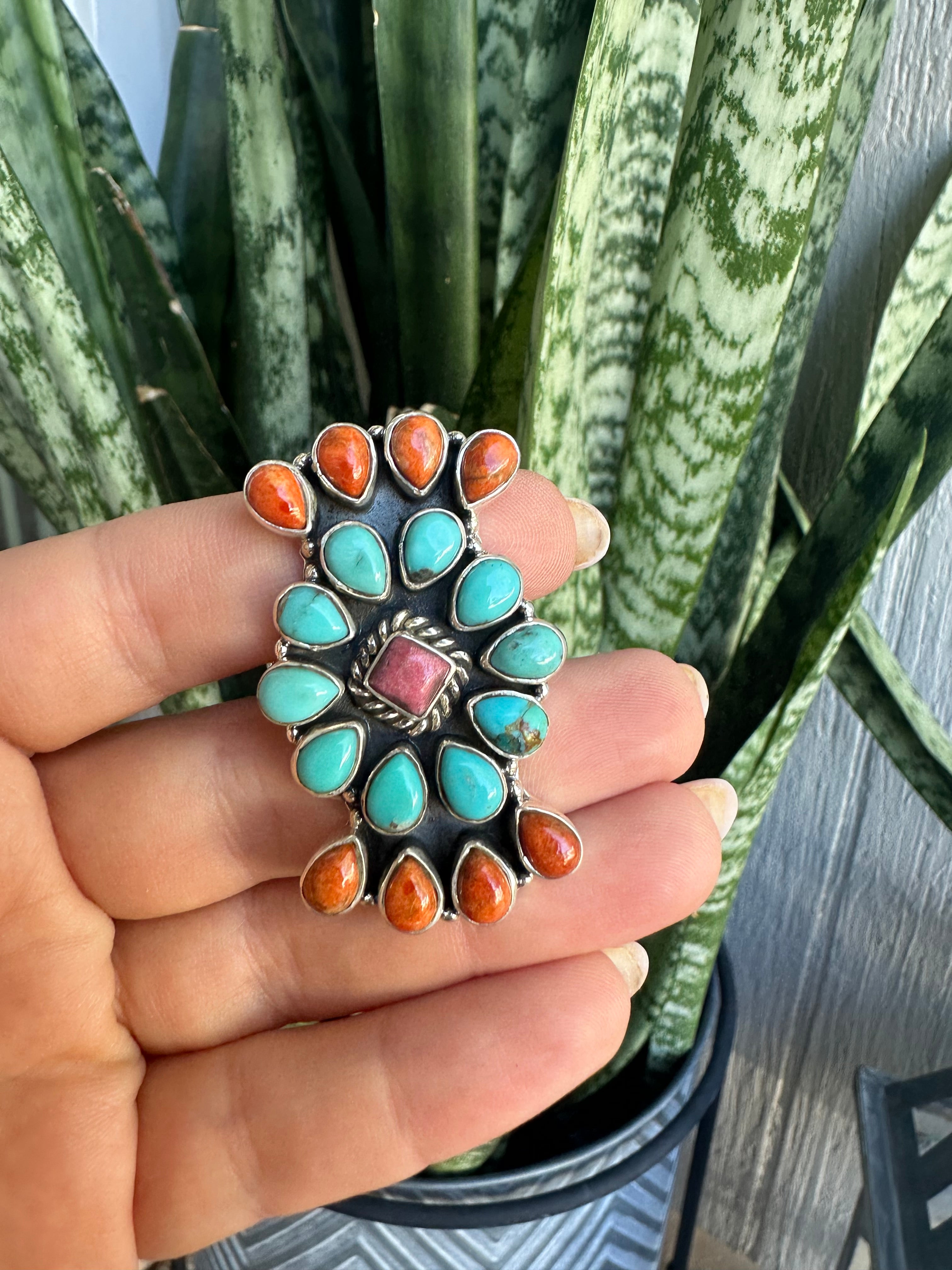 Beautiful Handmade Orange Mojave, Rhodonite, Turquoise And Sterling Silver Adjustable Ring