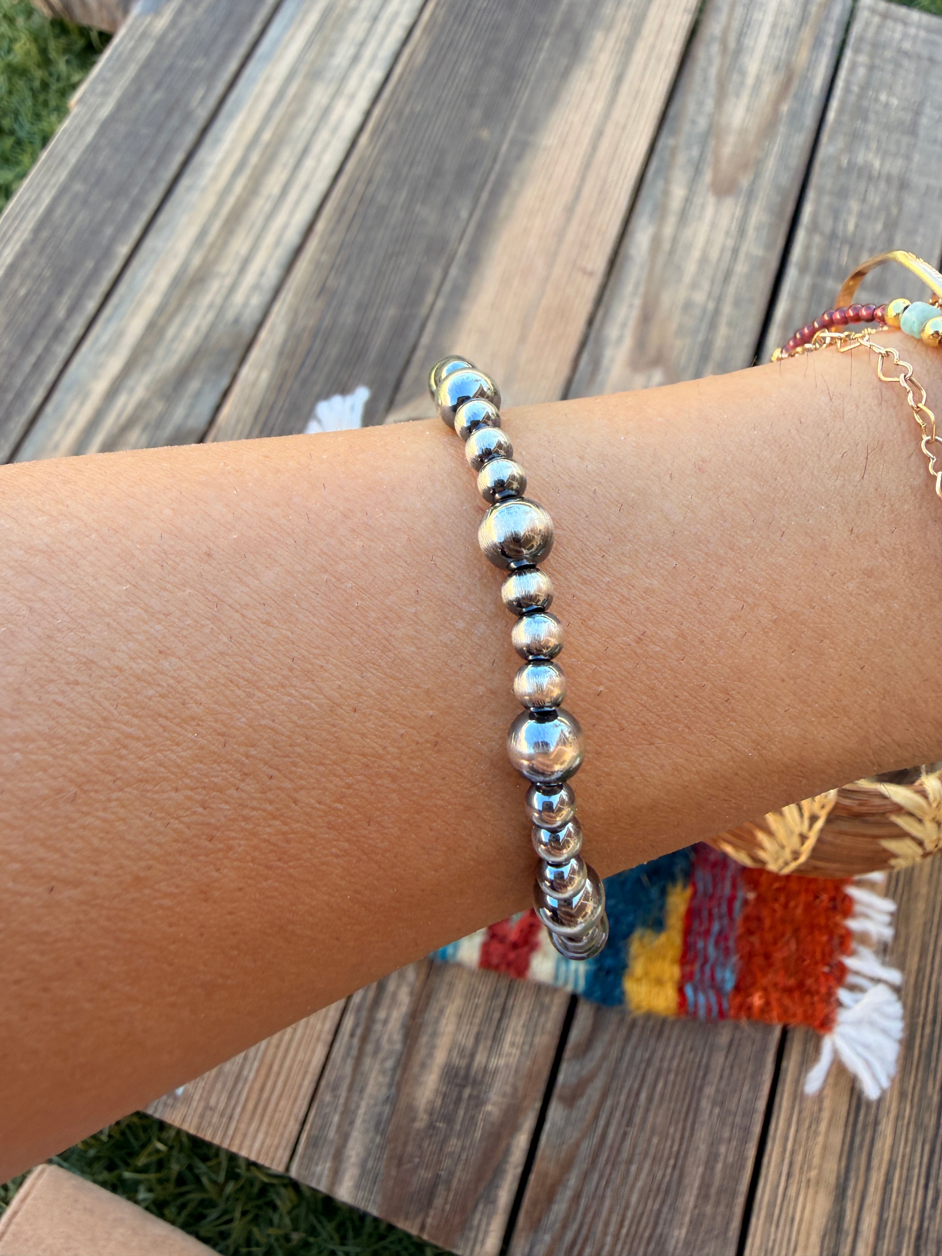 Handcrafted Sterling Silver Pearl Beaded Stretch Bracelet
