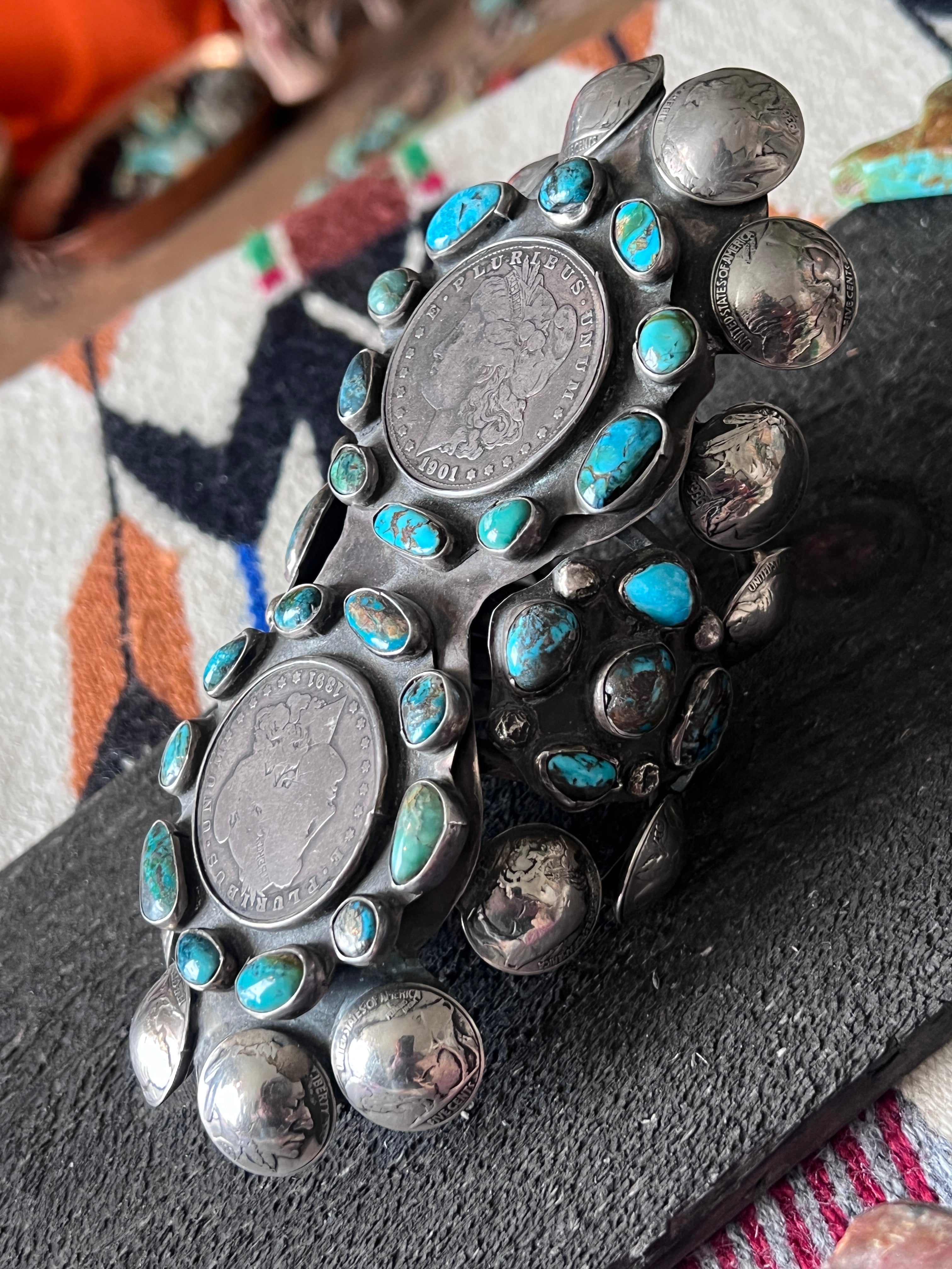 Insane Old Pawn Sterling Silver, Morgan Dollar, Buffalo Nickel and Turquoise Cuff Bracelet