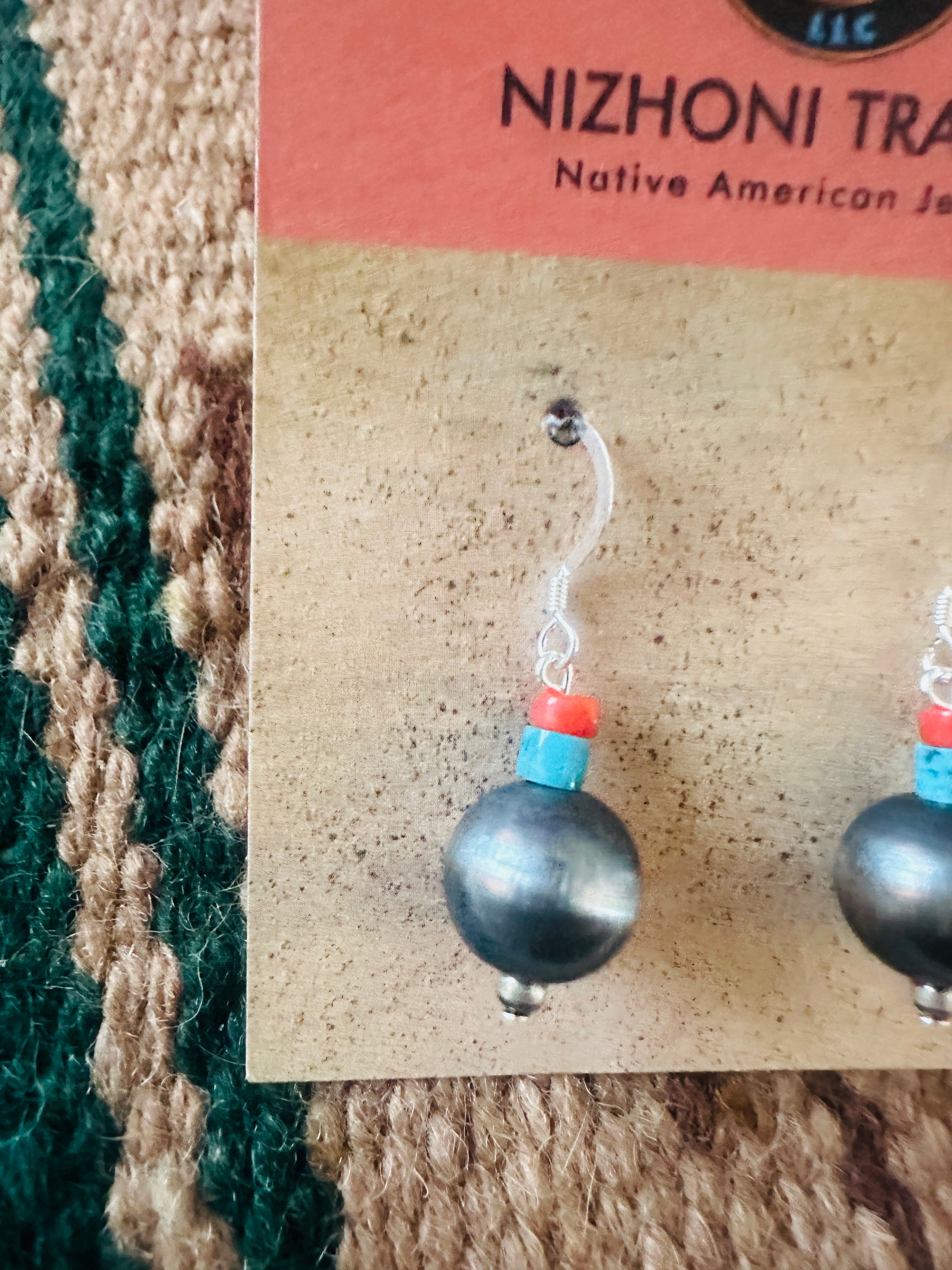 Navajo Turquoise, Coral & Sterling Silver Pearl Dangle Earrings