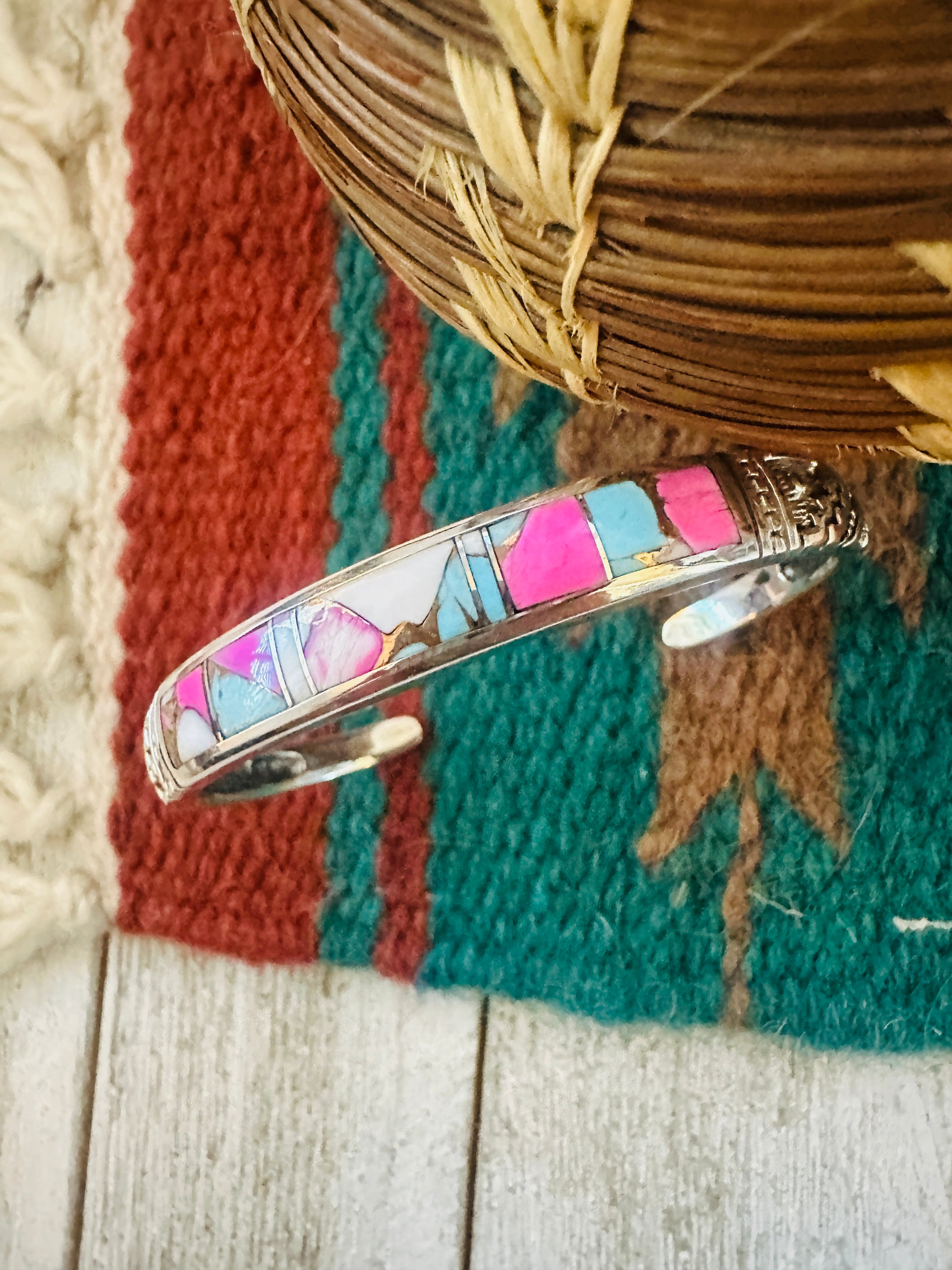 Handcrafted Cotton Candy & Sterling Silver Inlay Cuff Bracelet