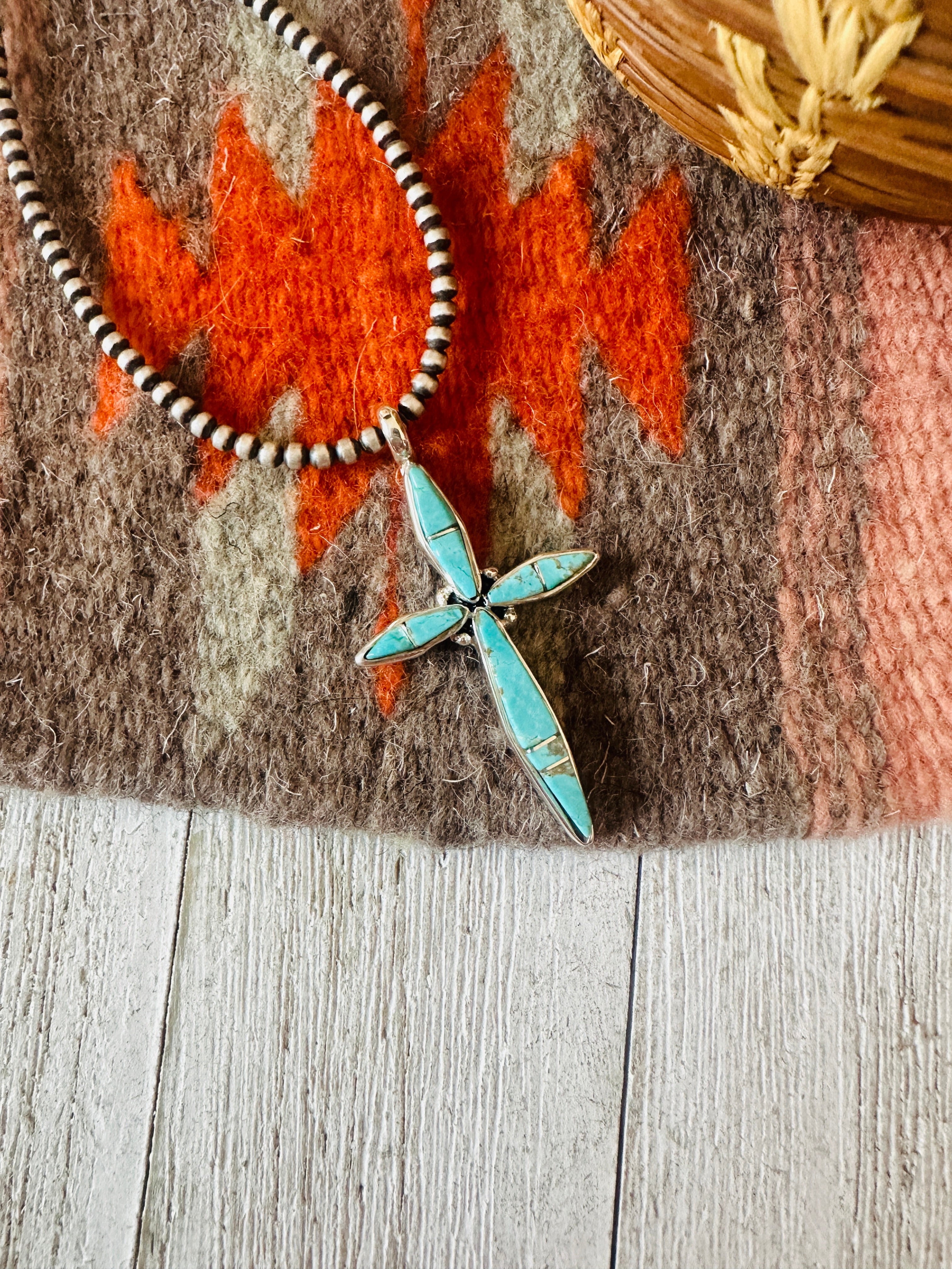 Navajo Turquoise & Sterling Silver Inlay Cross Pendant