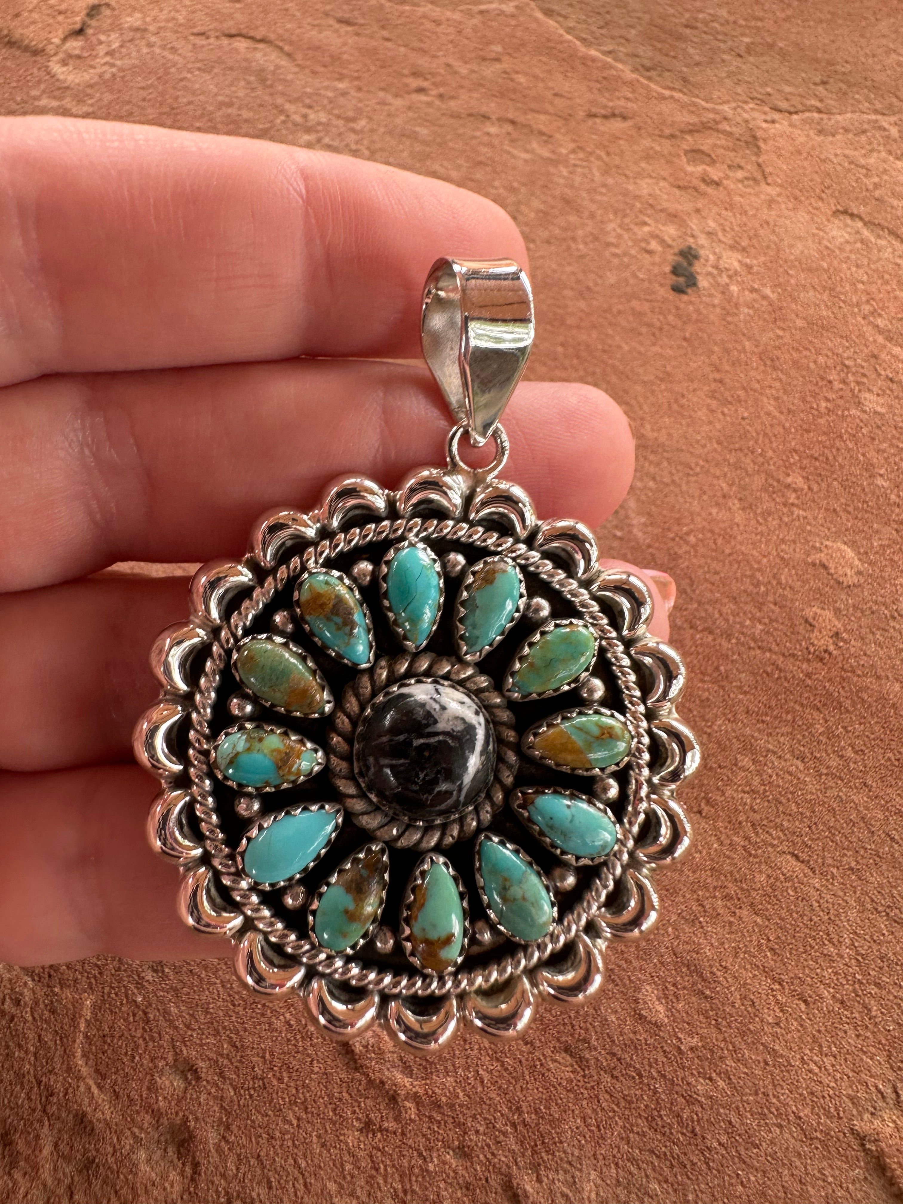 Beautiful Handmade Sterling Silver, White Buffalo & Turquoise Cluster Pendant