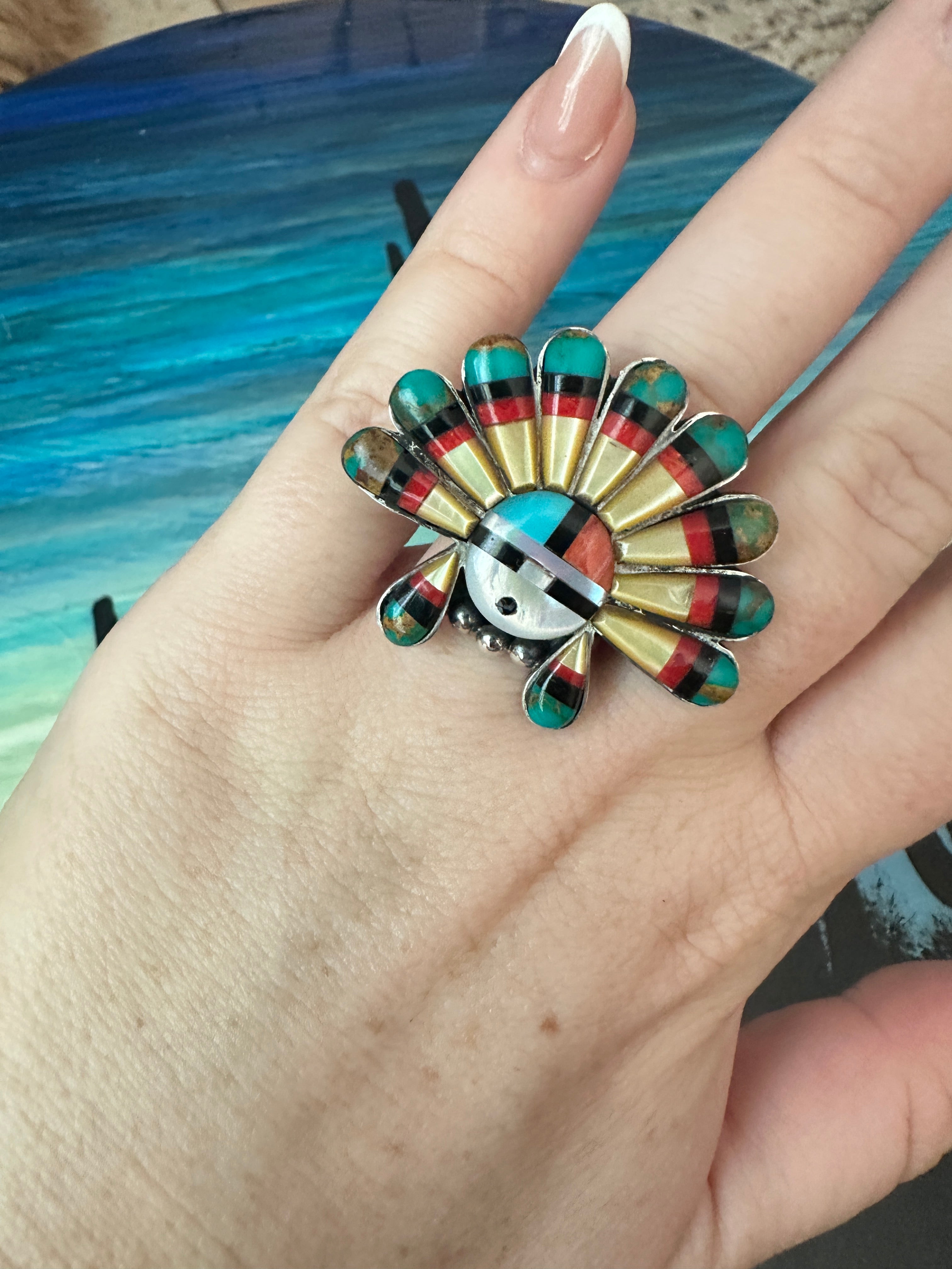 Handmade Multi Stone Southwestern Sunface And Sterling Silver Adjustable Ring