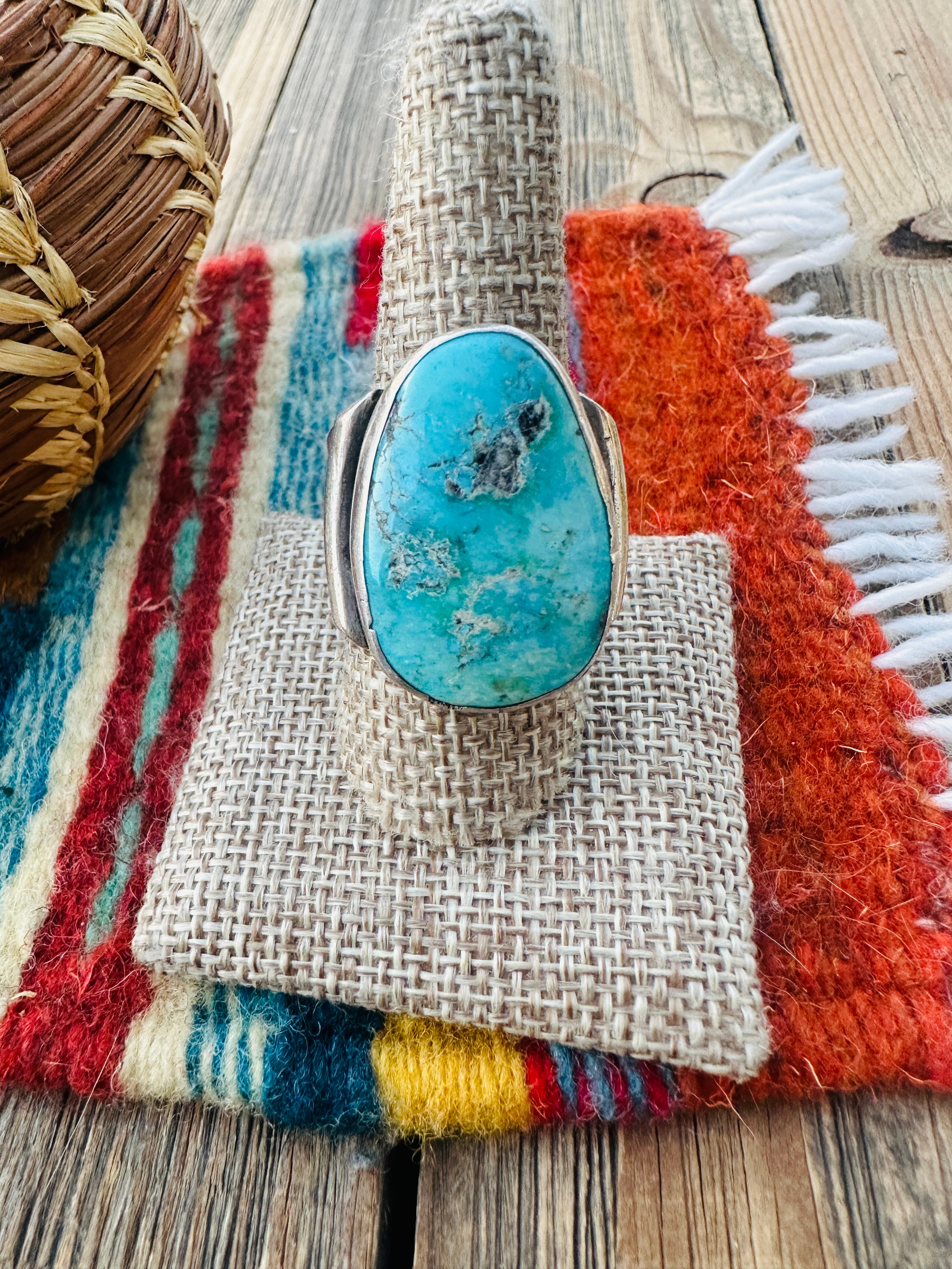 Old Pawn Handcrafted Turquoise & Sterling Silver Ring Size 10.5
