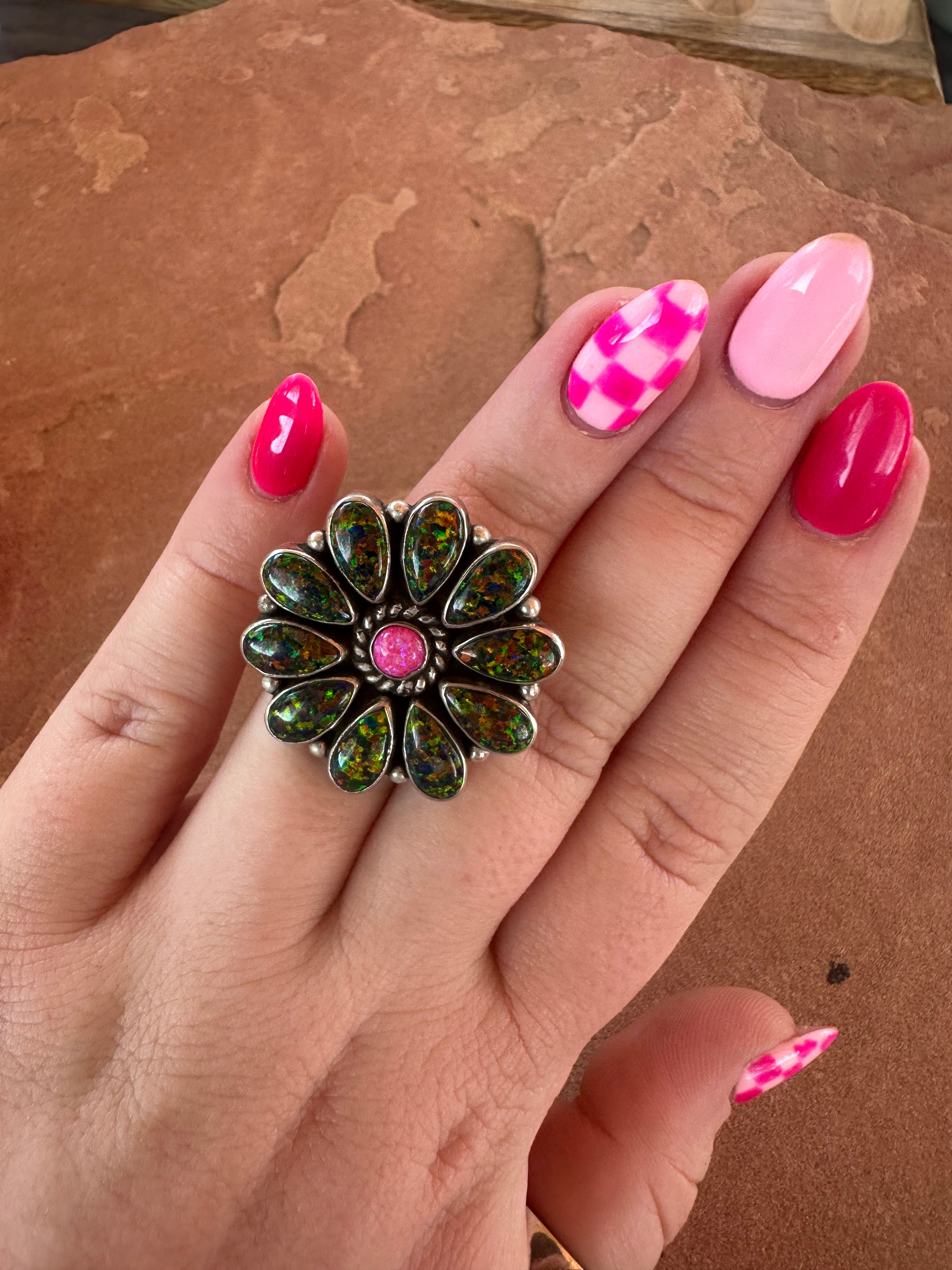 Beautiful Handmade Hot Pink & Navy Blue Fire Opal And Sterling Silver Adjustable Flower Ring