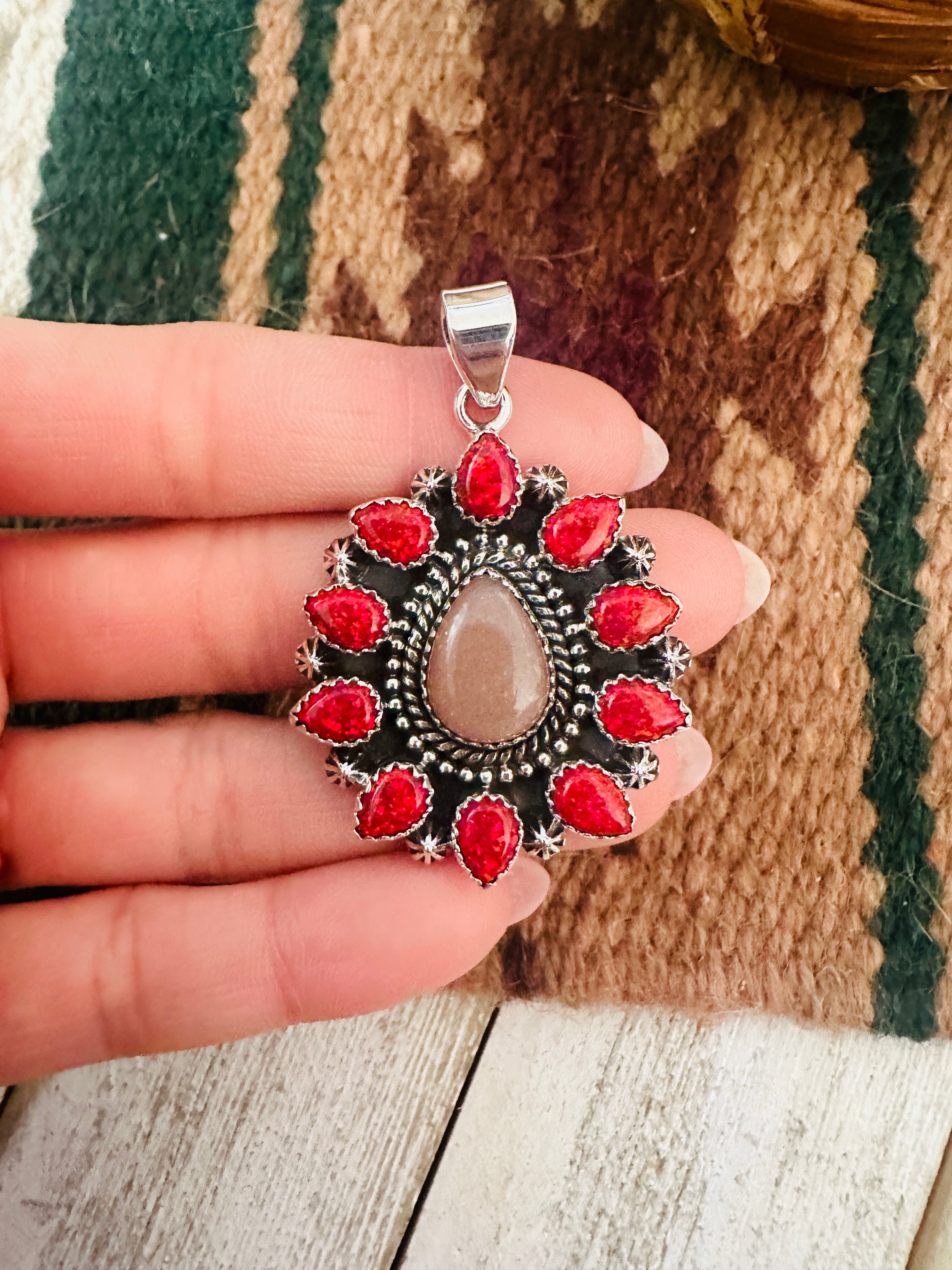 Handmade Red Opal, Rose Quartz & Sterling Silver Pendant