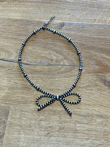 Handmade Sterling Silver Navajo Pearl Style Beaded  Bow Tie Necklace 16-18 inches