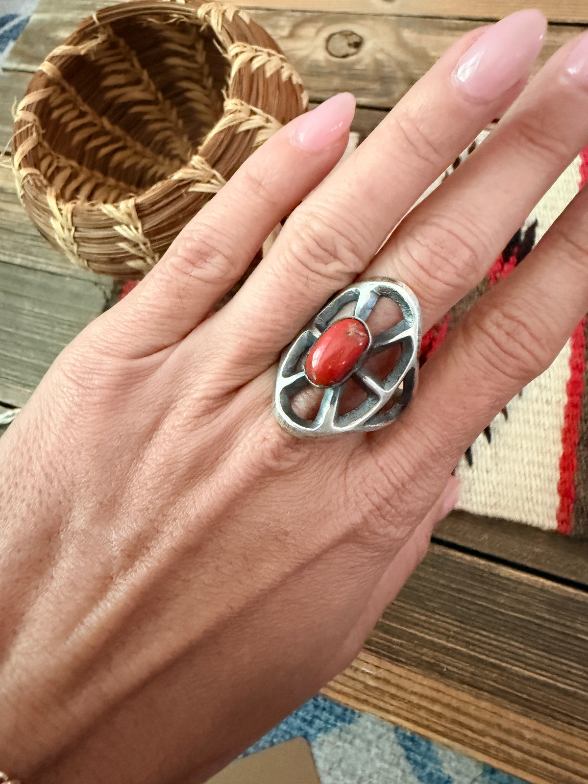 Handcrafted Coral and Sterling Silver Ring size 11 by Chimney Butte