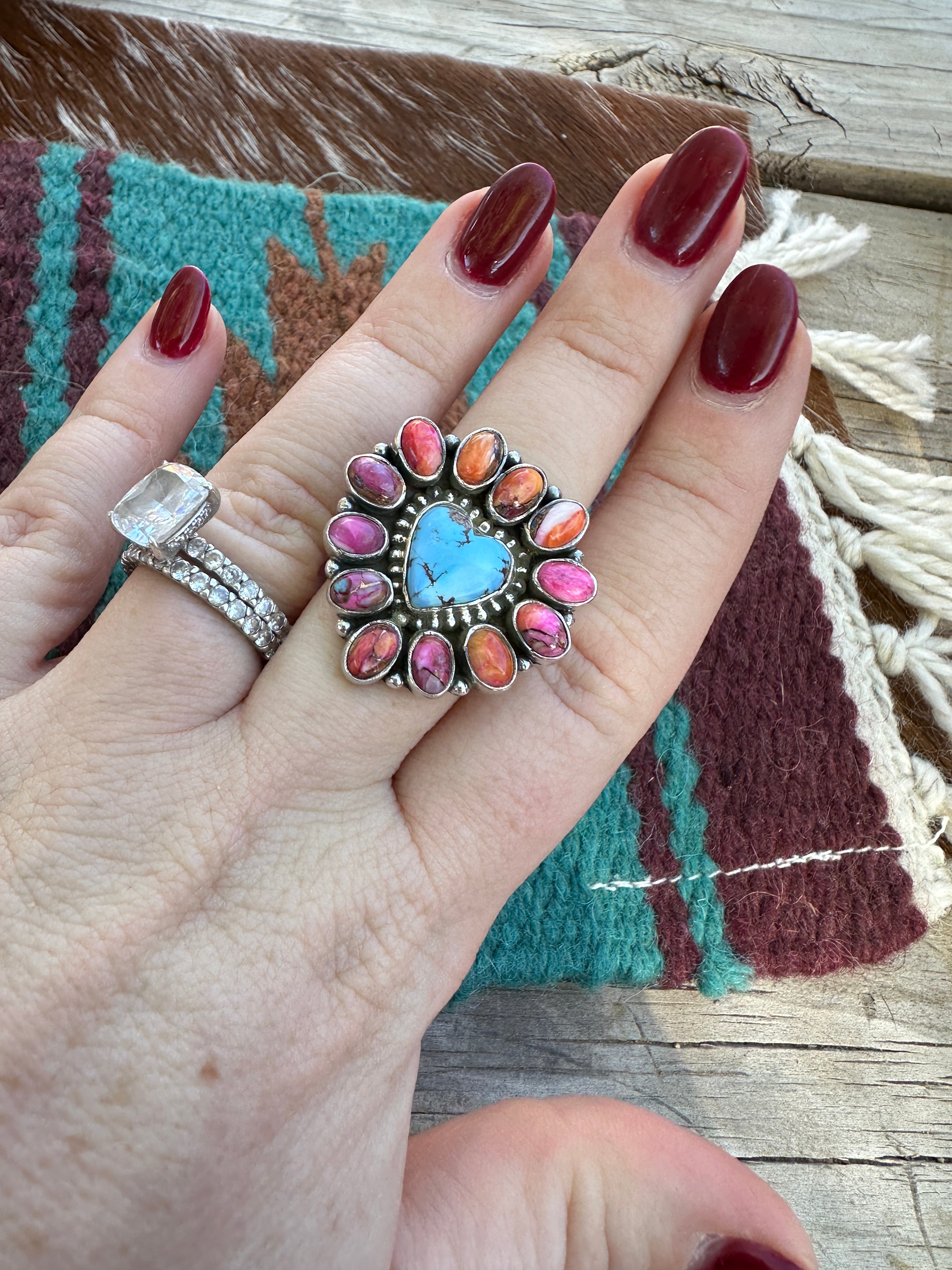 Handmade Sterling Silver Golden Hills Turquoise, Pink Dream Mojave Adjustable Heart Ring