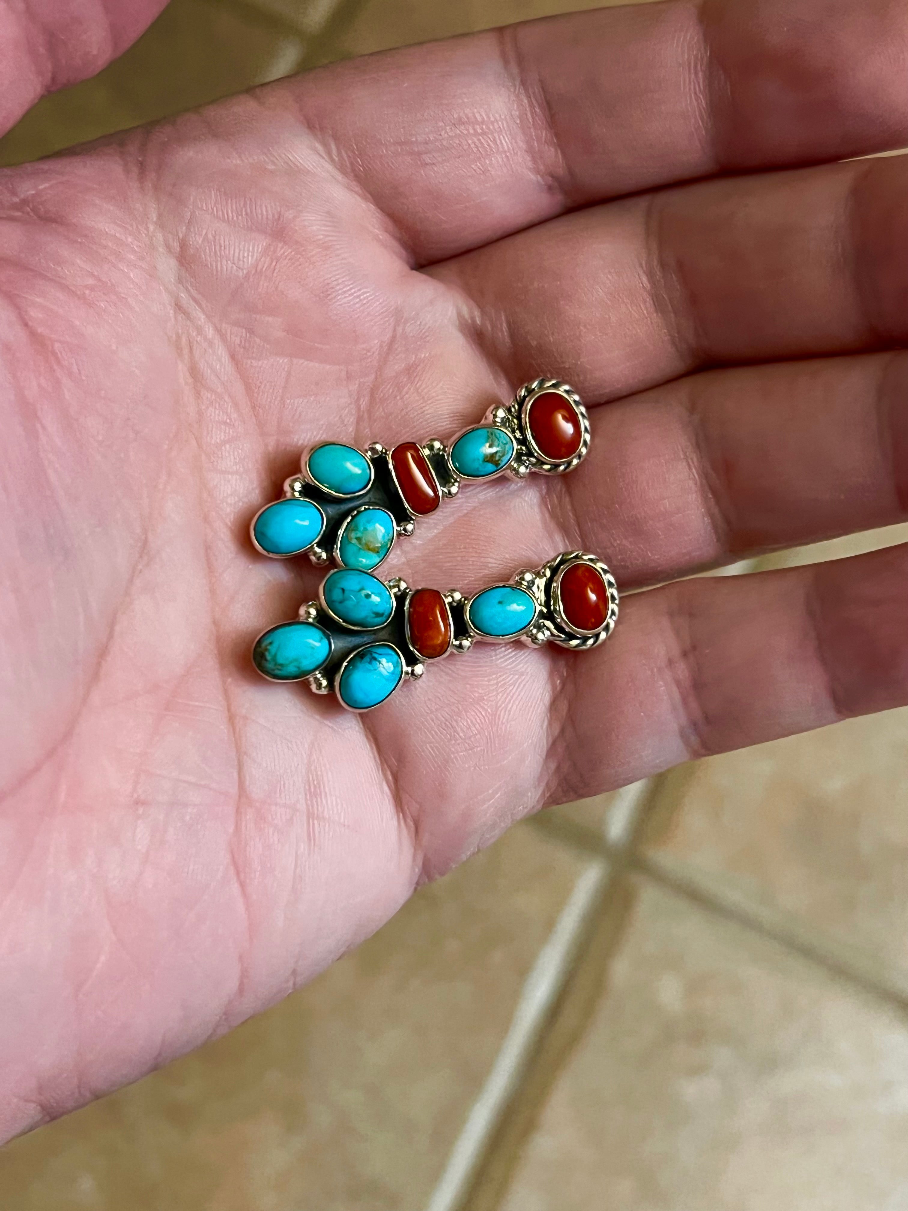 Handmade Sterling Silver Turquoise & Red Coral Cluster Stud Earrings