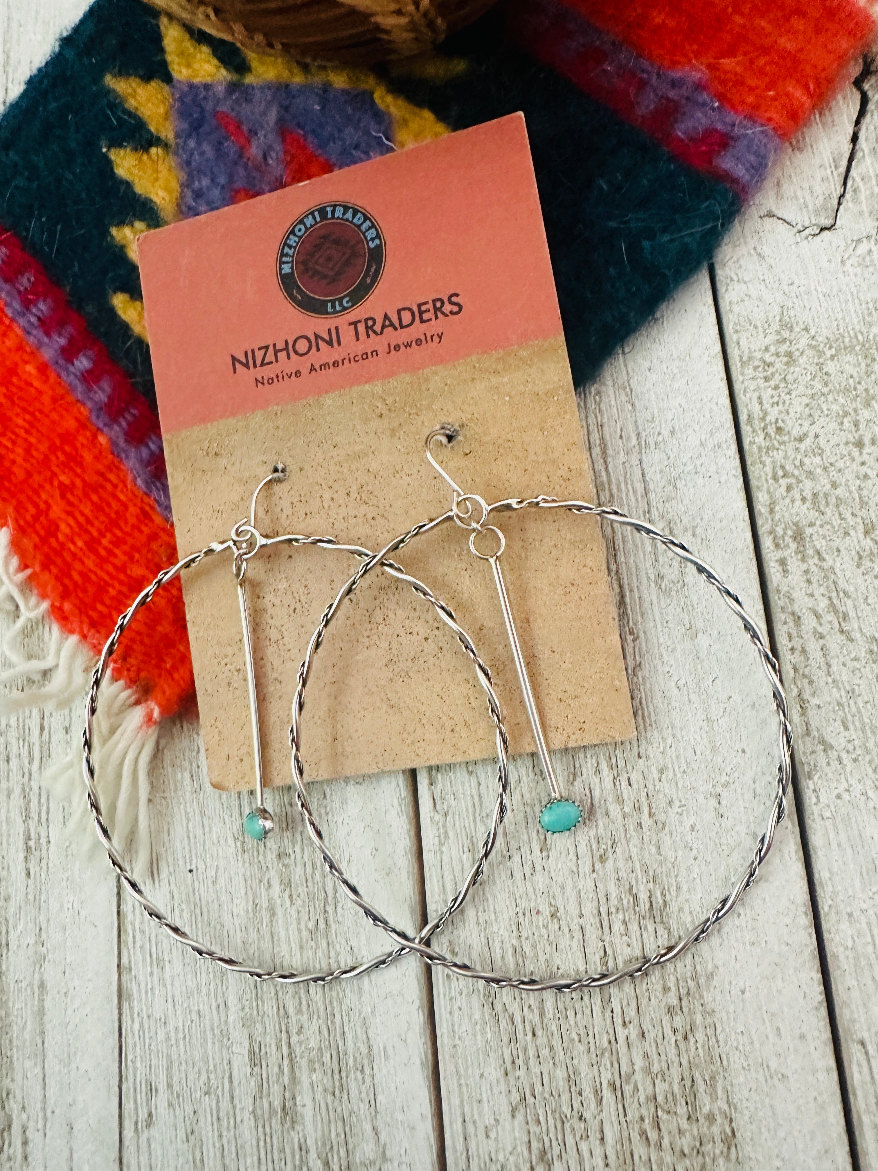 Navajo Turquoise & Sterling Silver Dangle Hoop Earrings