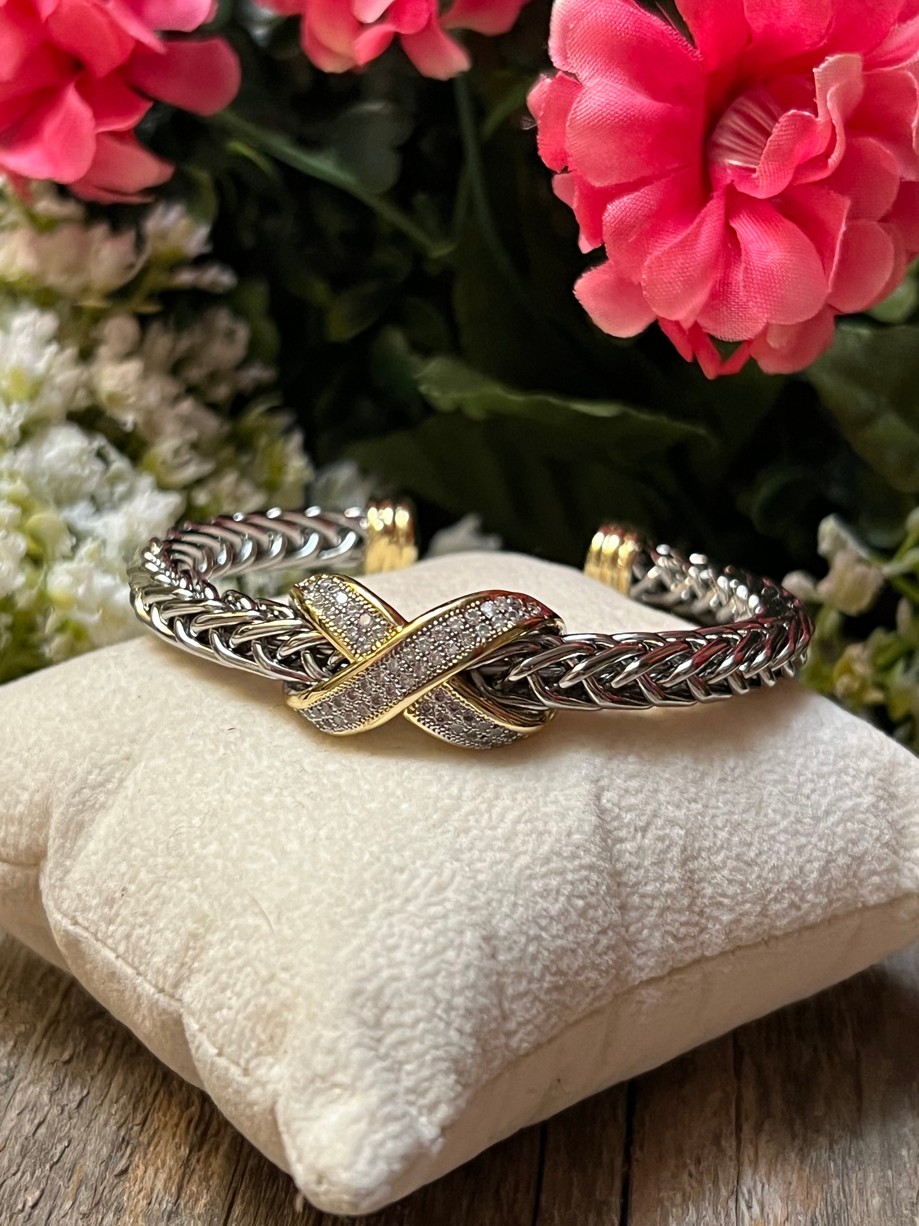 Silver & 14k Gold Plated Two Tone CZ “X” Bangle Bracelet