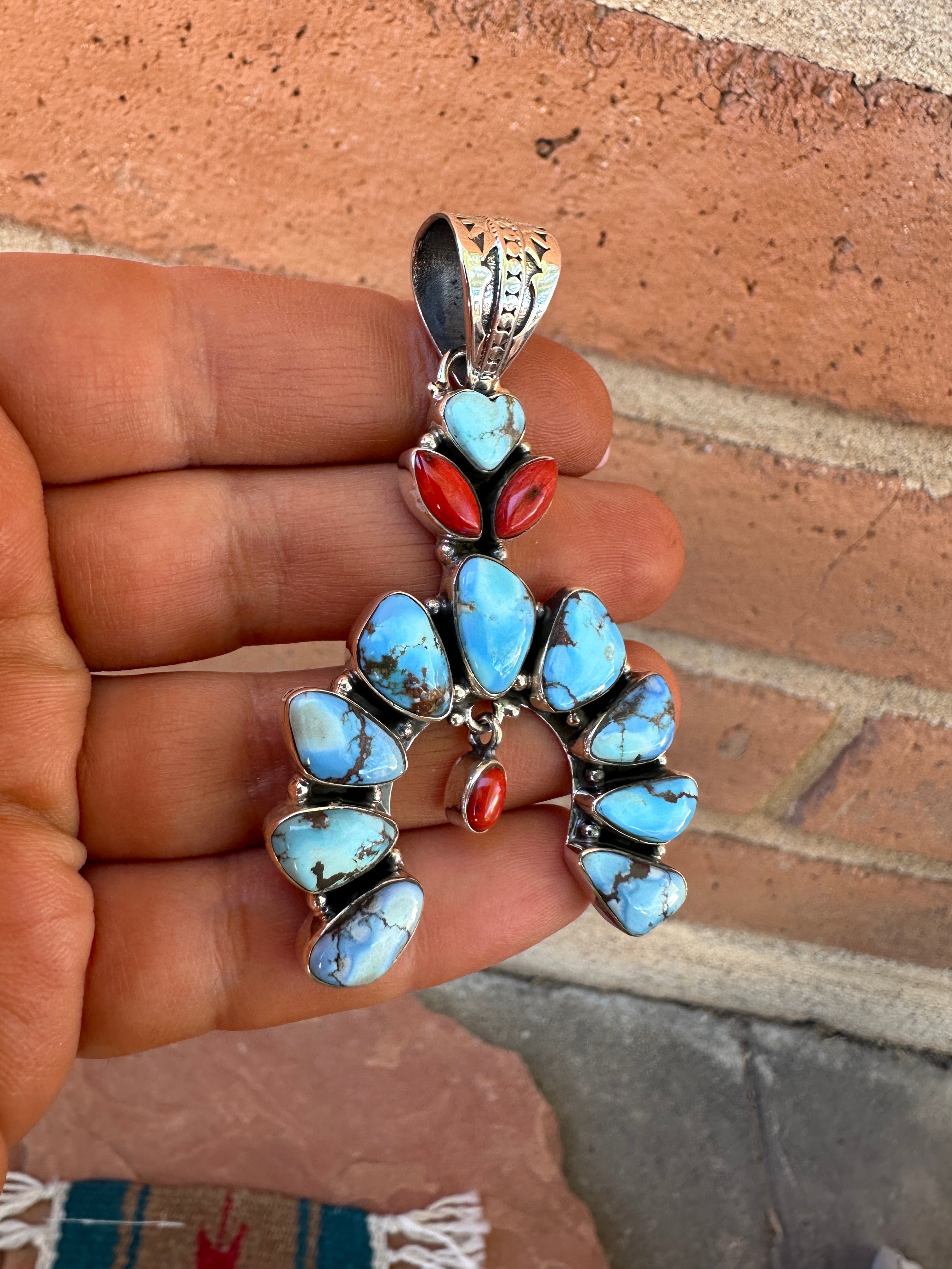 Beautiful Handmade Sterling Silver, Coral & Golden Hills Turquoise Naja Pendant