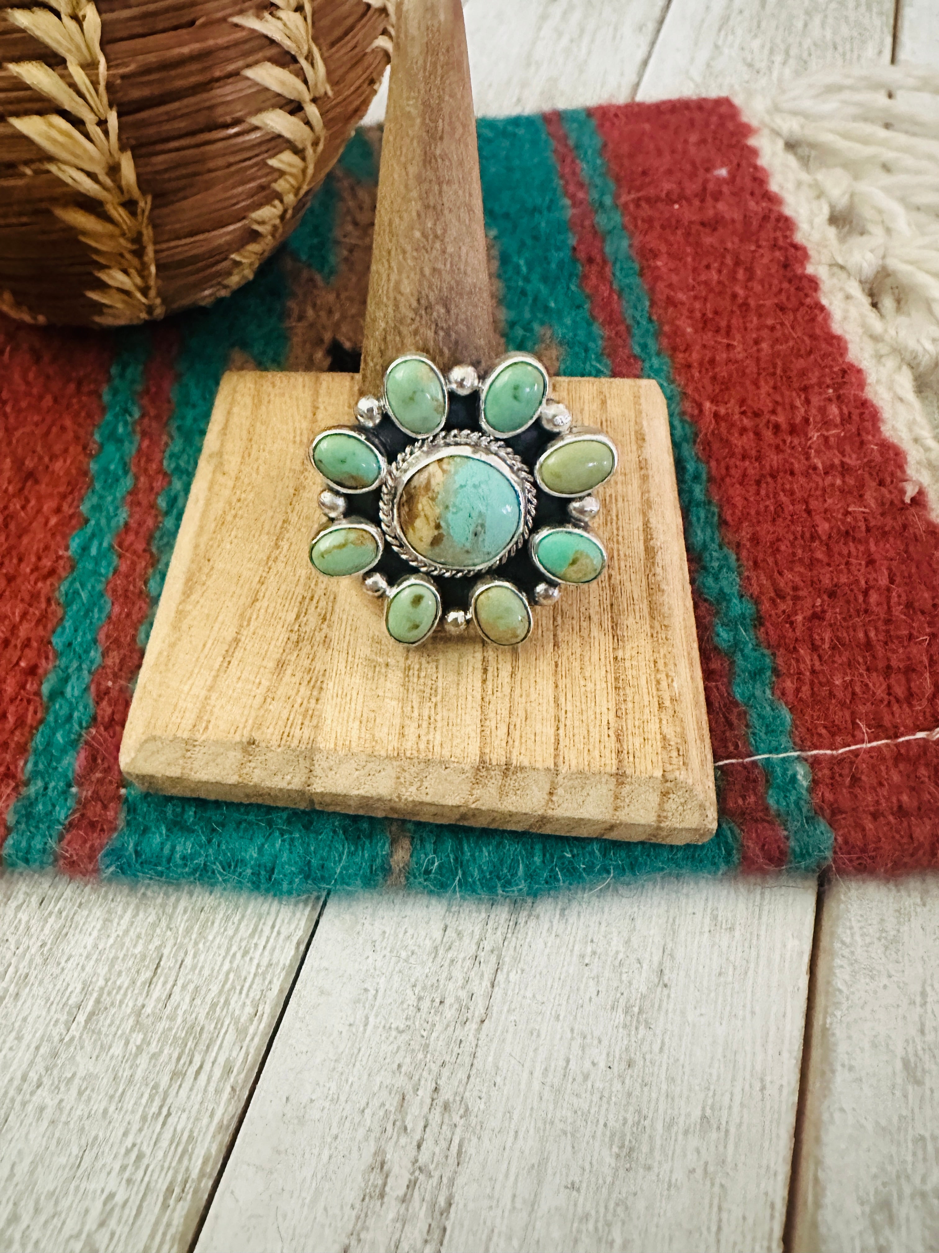 Navajo Sterling Silver & Turquoise Cluster Adjustable Ring