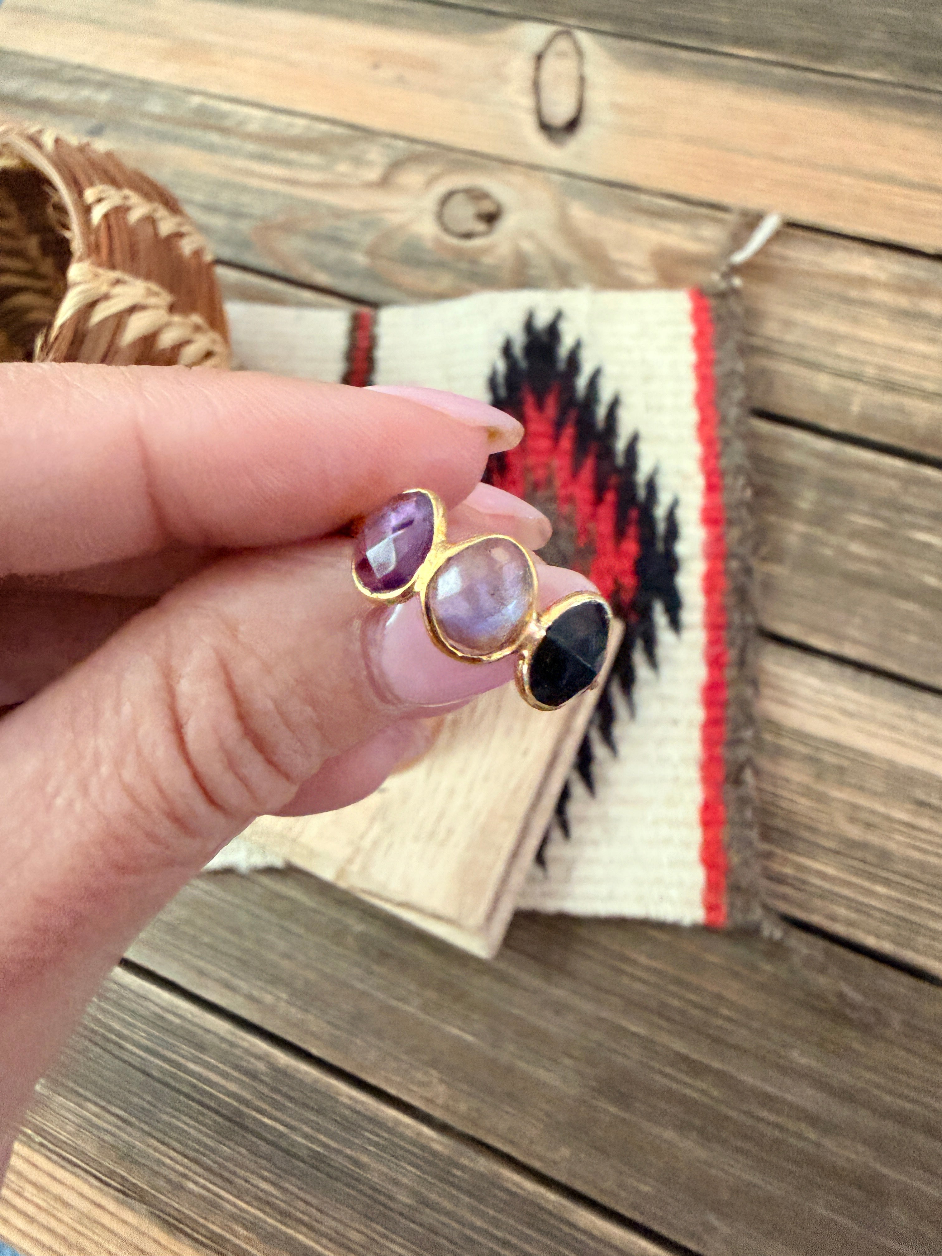 Handmade 18K Gold Vermeil Sterling Silver & Multi Stone Ring Size 7