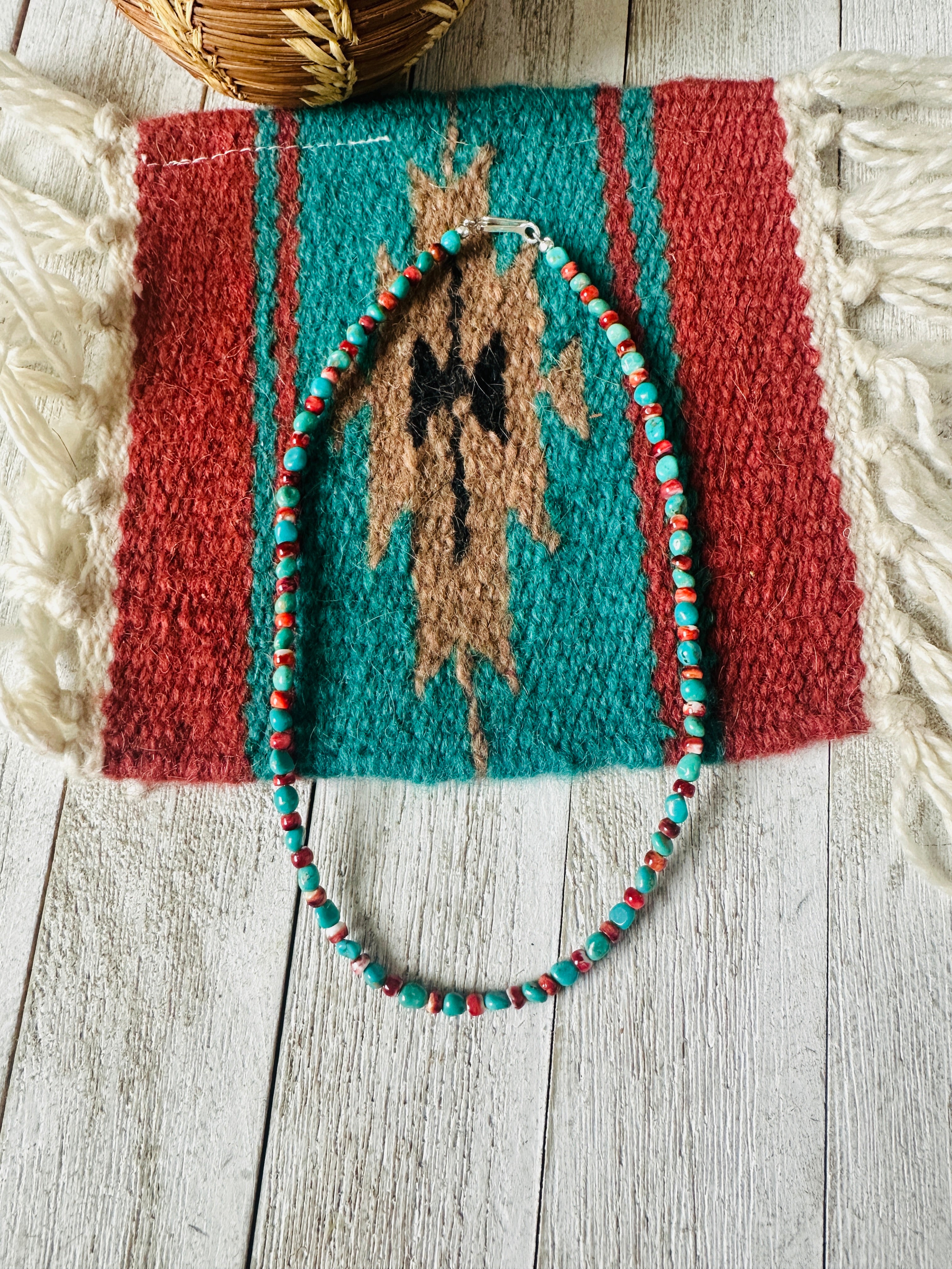 Navajo Turquoise, Spiny & Sterling Silver Beaded Necklace