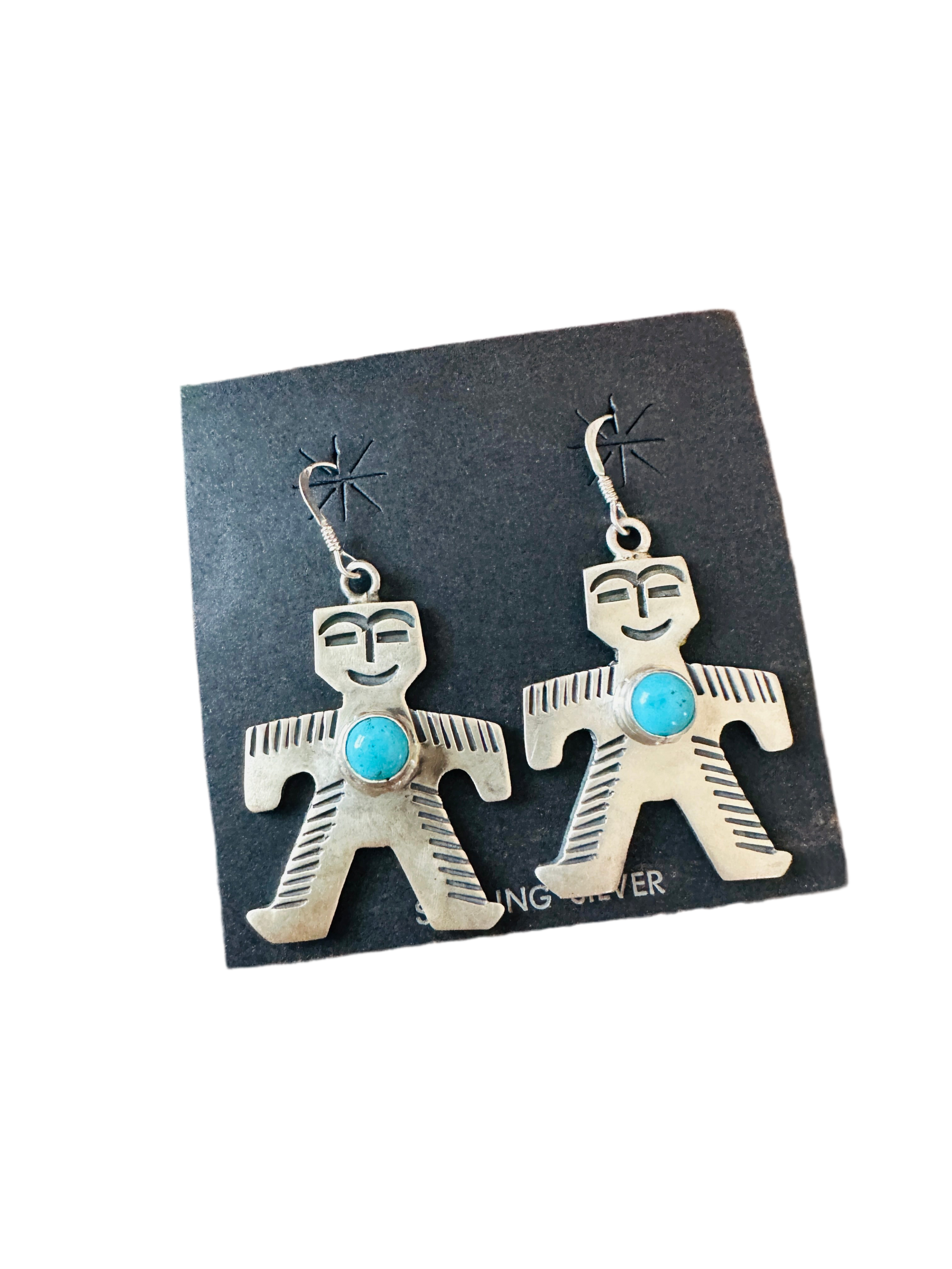 Handcrafted Turquoise and Sterling Silver Dancing Figure Dangle Earrings