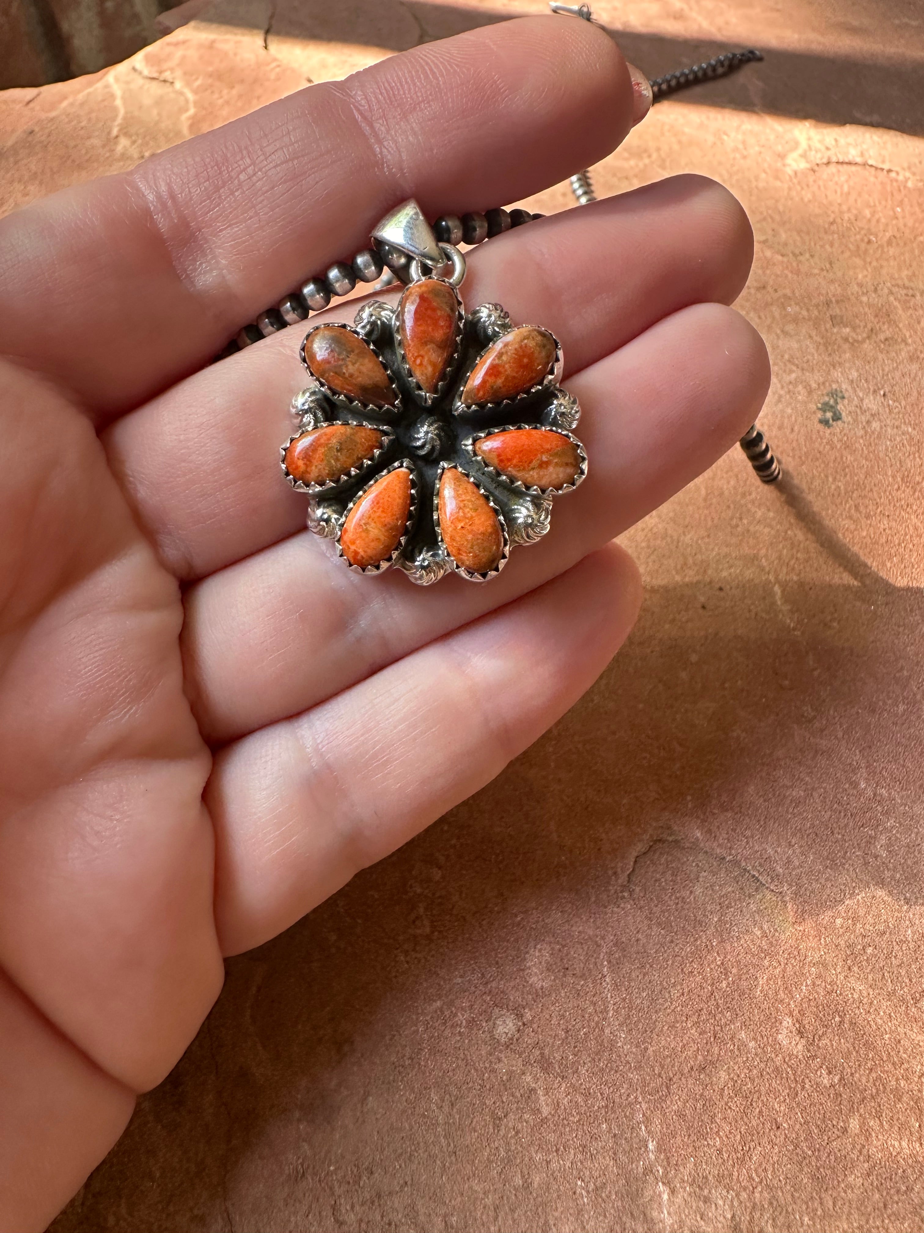 Handmade Orange Mojave & Sterling Silver Pendant