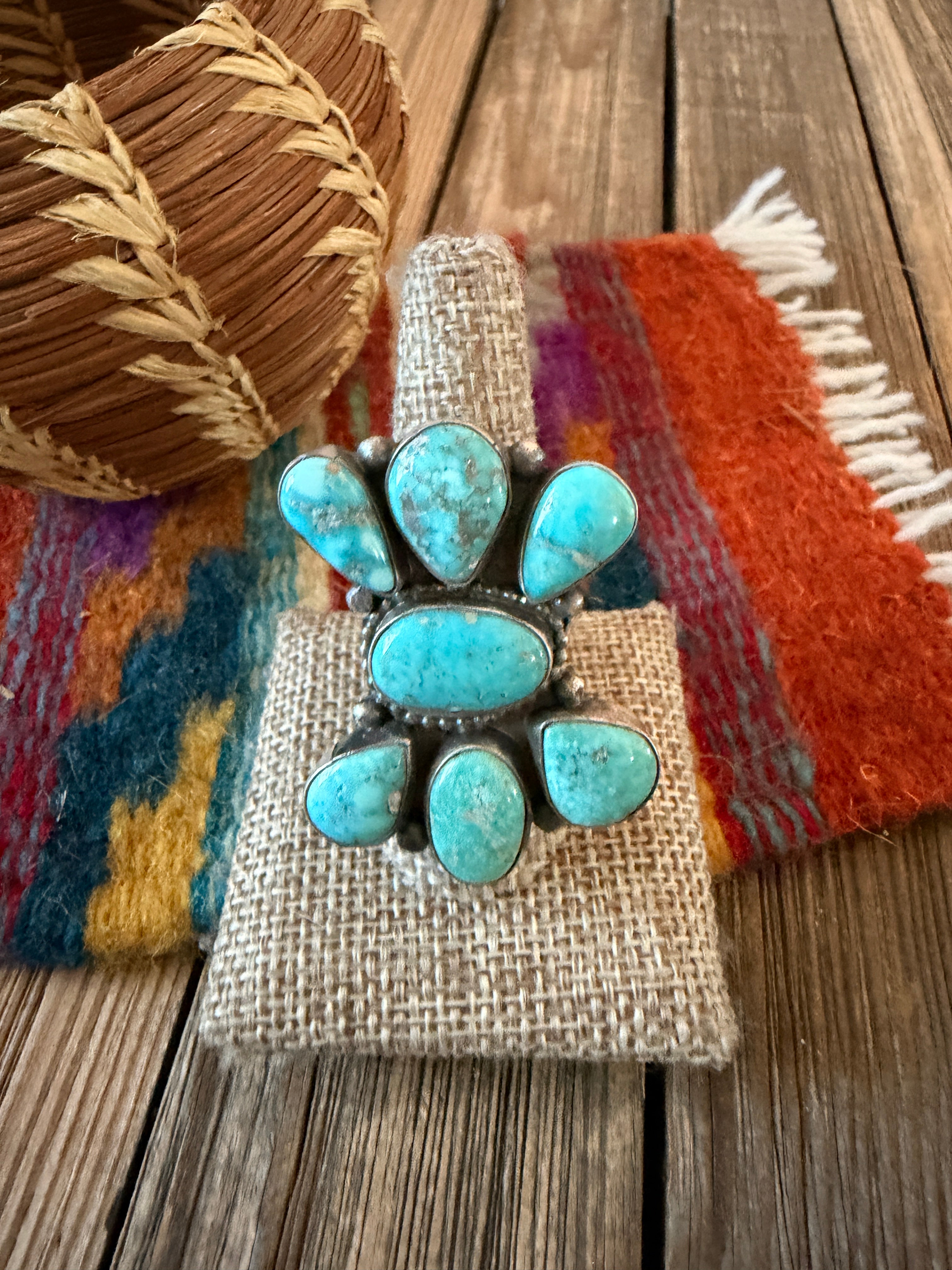 Handcrafted Turquoise & Sterling Silver Cluster Ring Size 10 by Sheila Becenti