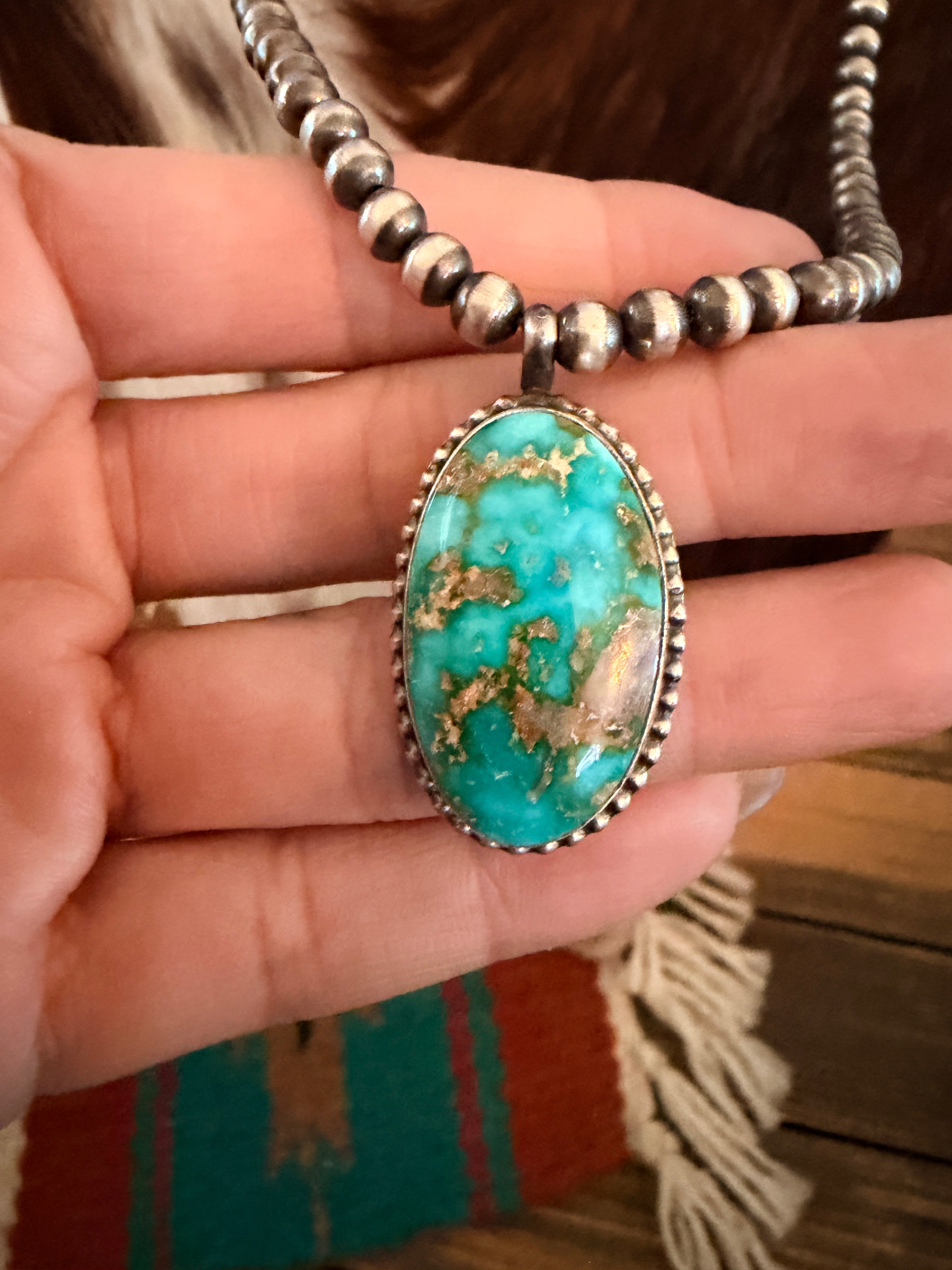 Handcrafted Turquoise & 5mm Sterling Silver Pearl 18” Beaded Necklace
