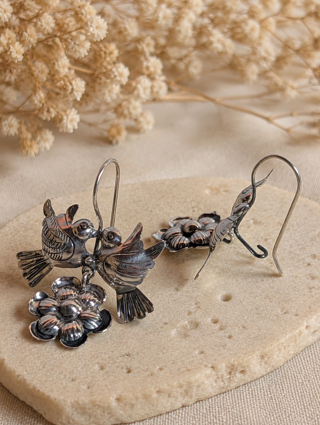 LoveBird Kissing Doves With Flower Blossom Sterling Silver Dangle Earrings