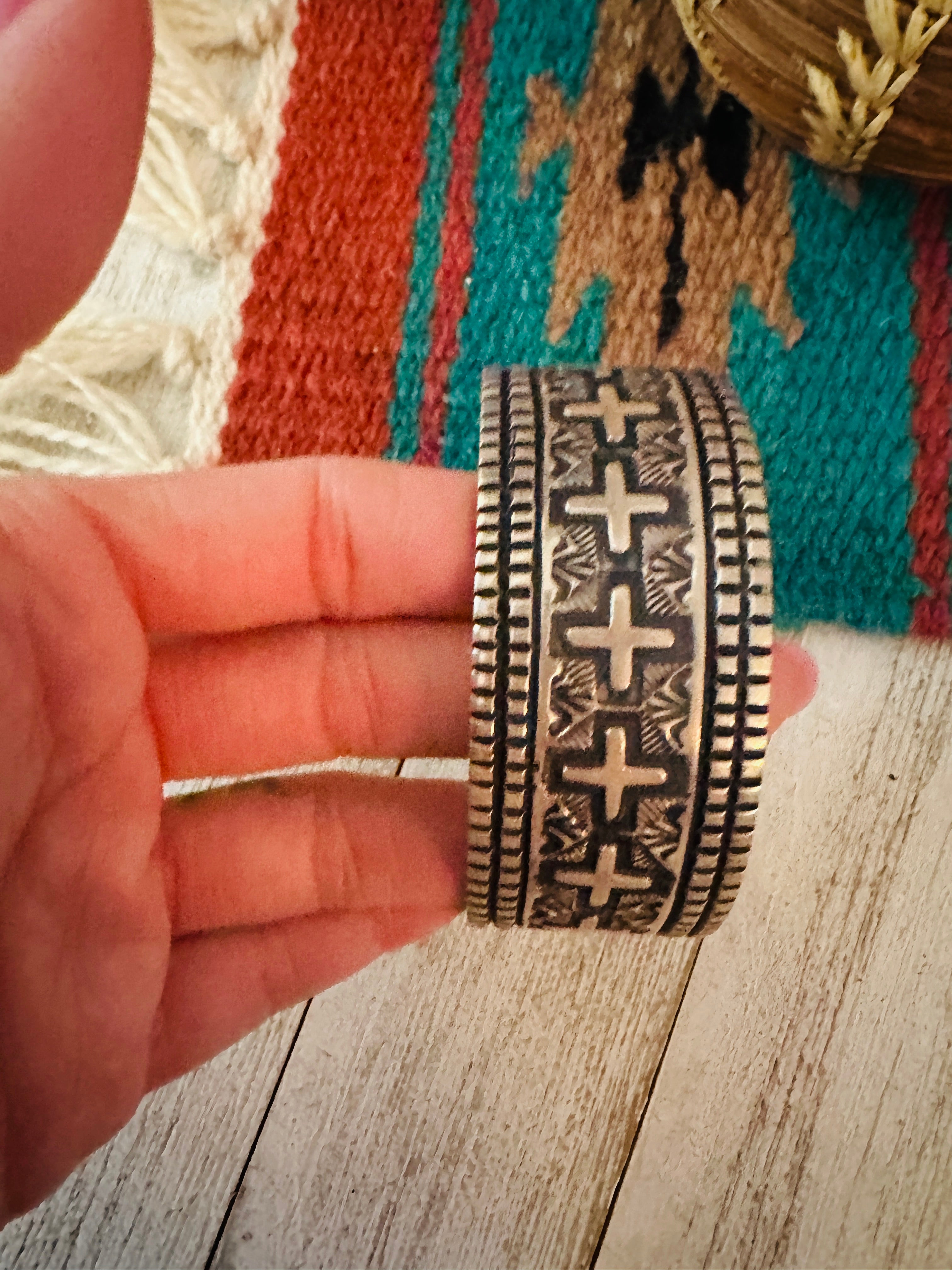 Navajo Hand Stamped Sterling Silver Cross Cuff Bracelet By Elvira Bill