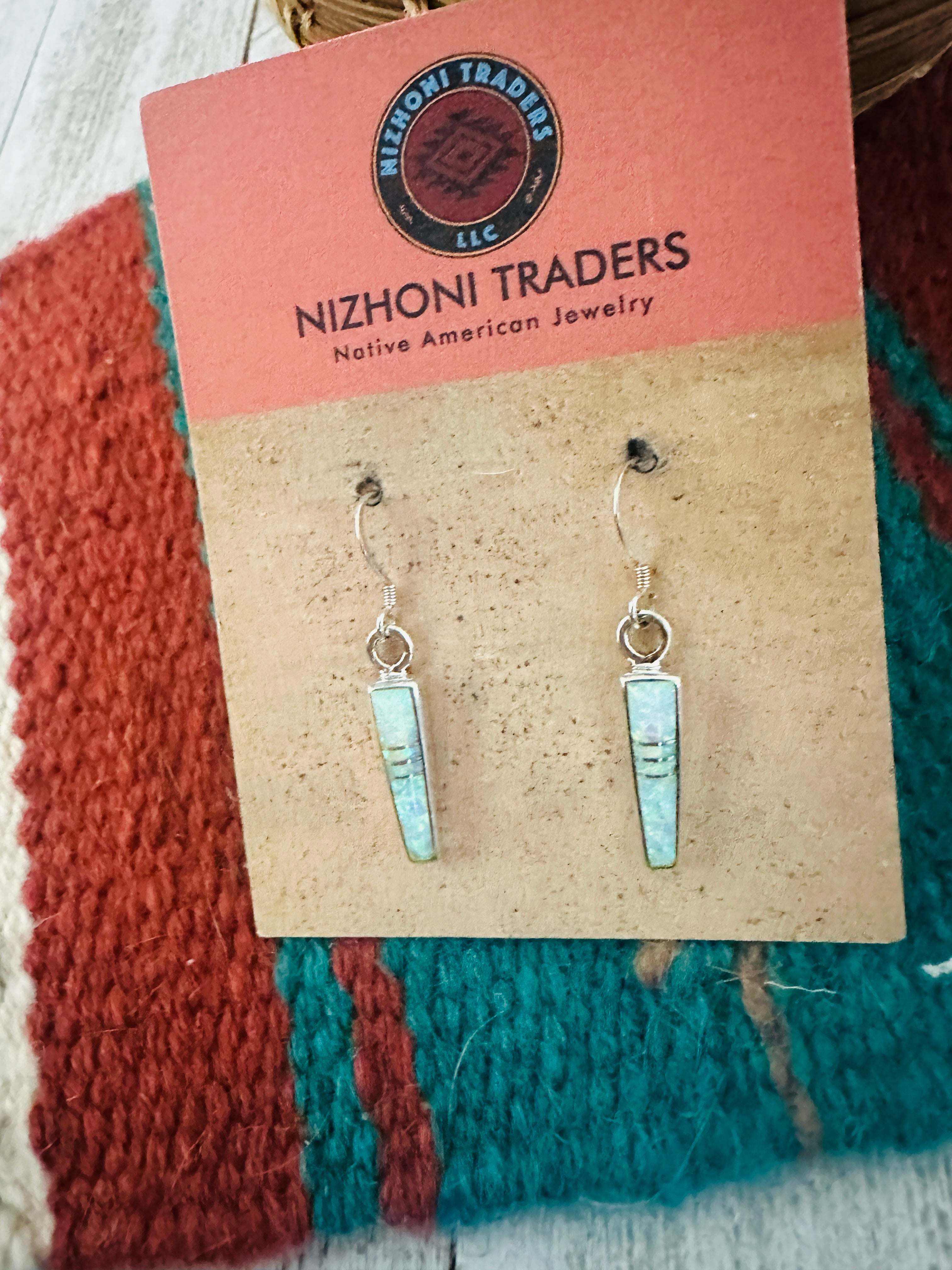 Navajo White Opal & Sterling Silver Inlay Dangle Earrings