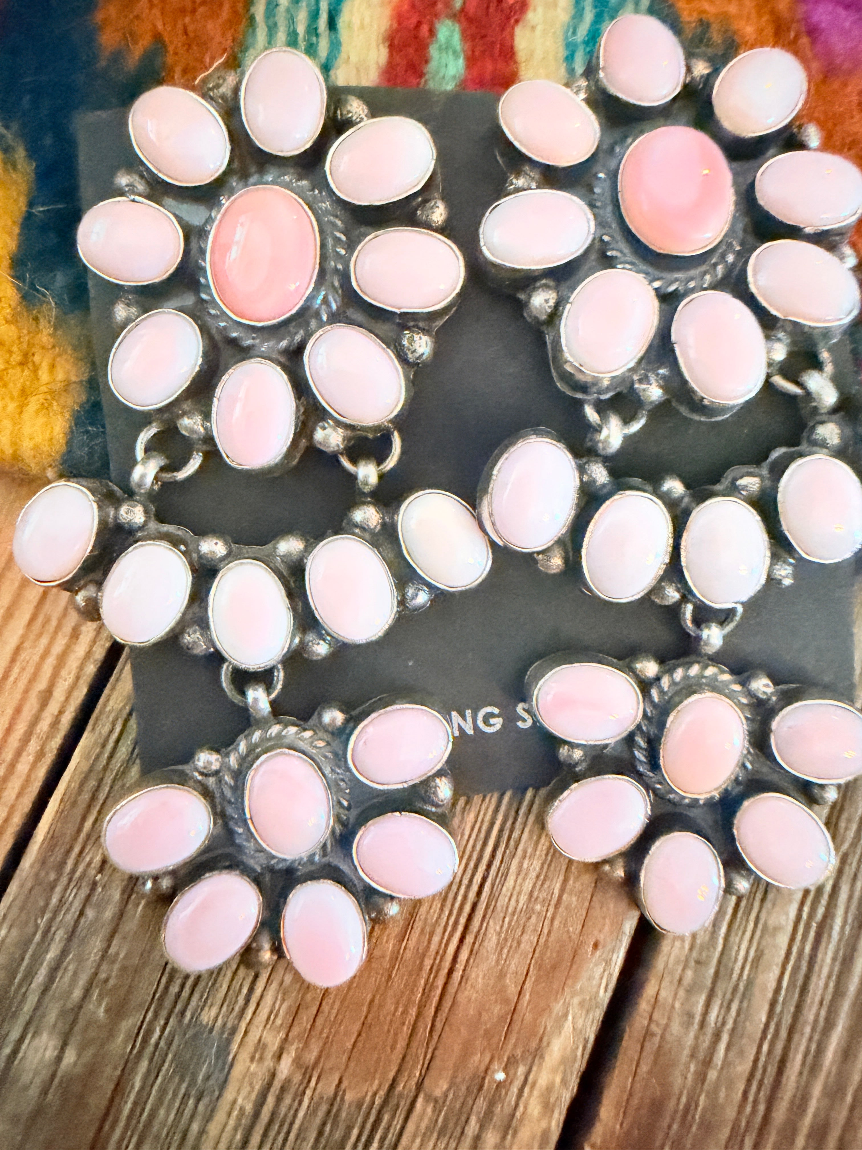 Handcrafted Queen Pink Conch & Sterling Silver Cluster Dangle Earrings