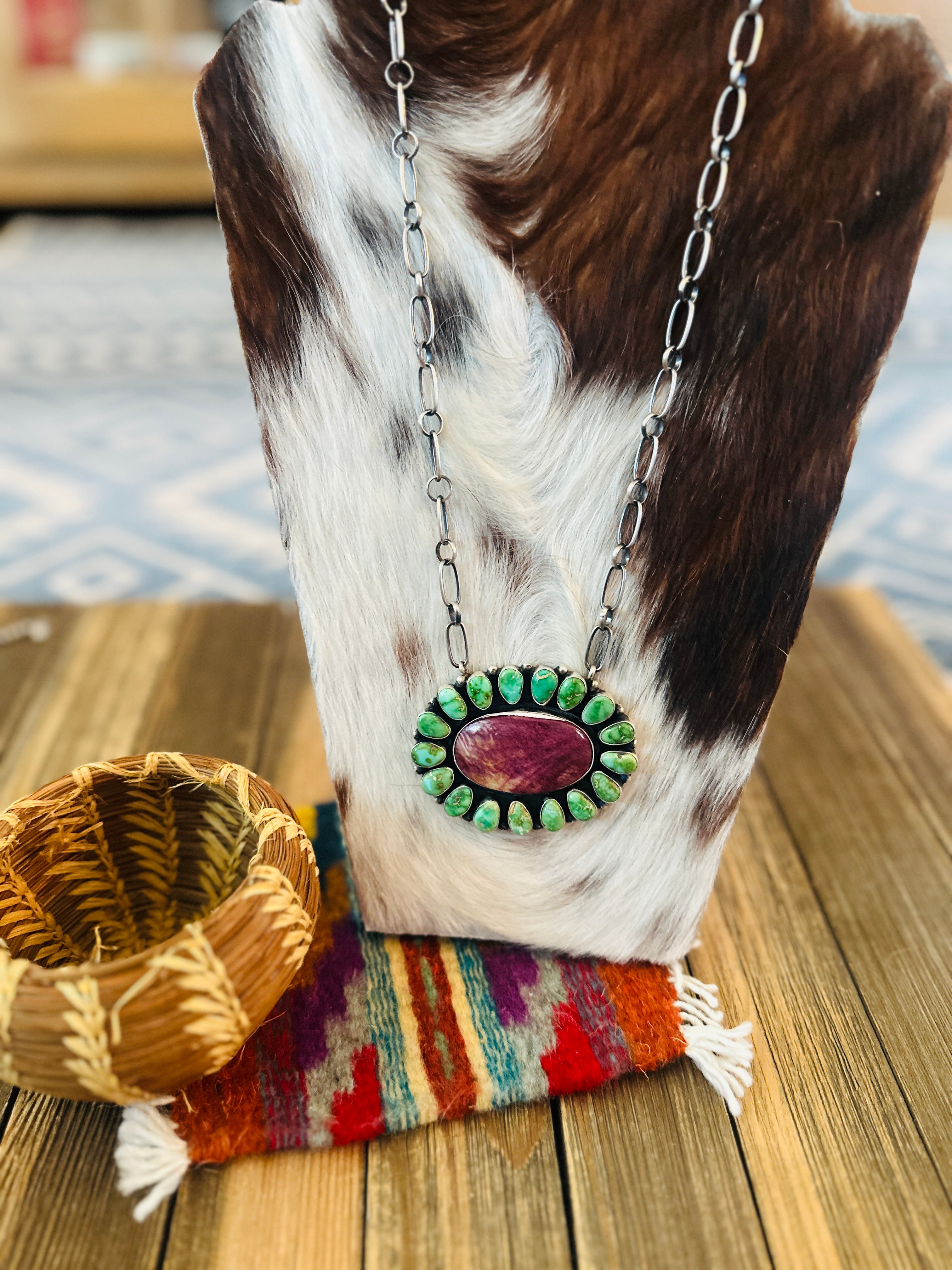 Handcrafted Turquoise, Spiny Oyster & Sterling Silver Cluster Necklace by Sheila Becenti