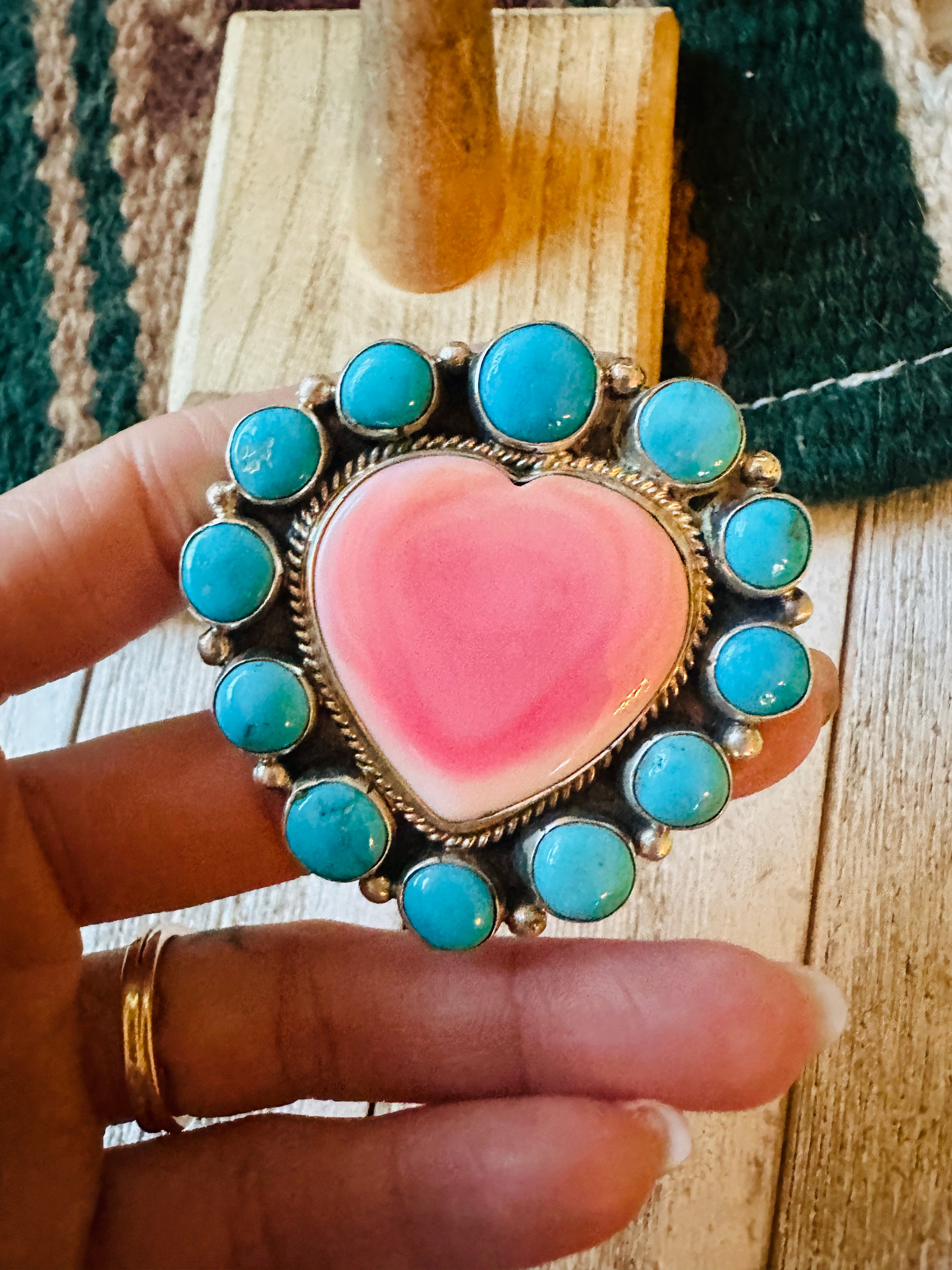 Navajo Sterling Silver, Queen Pink Conch & Turquoise Heart Adjustable Ring