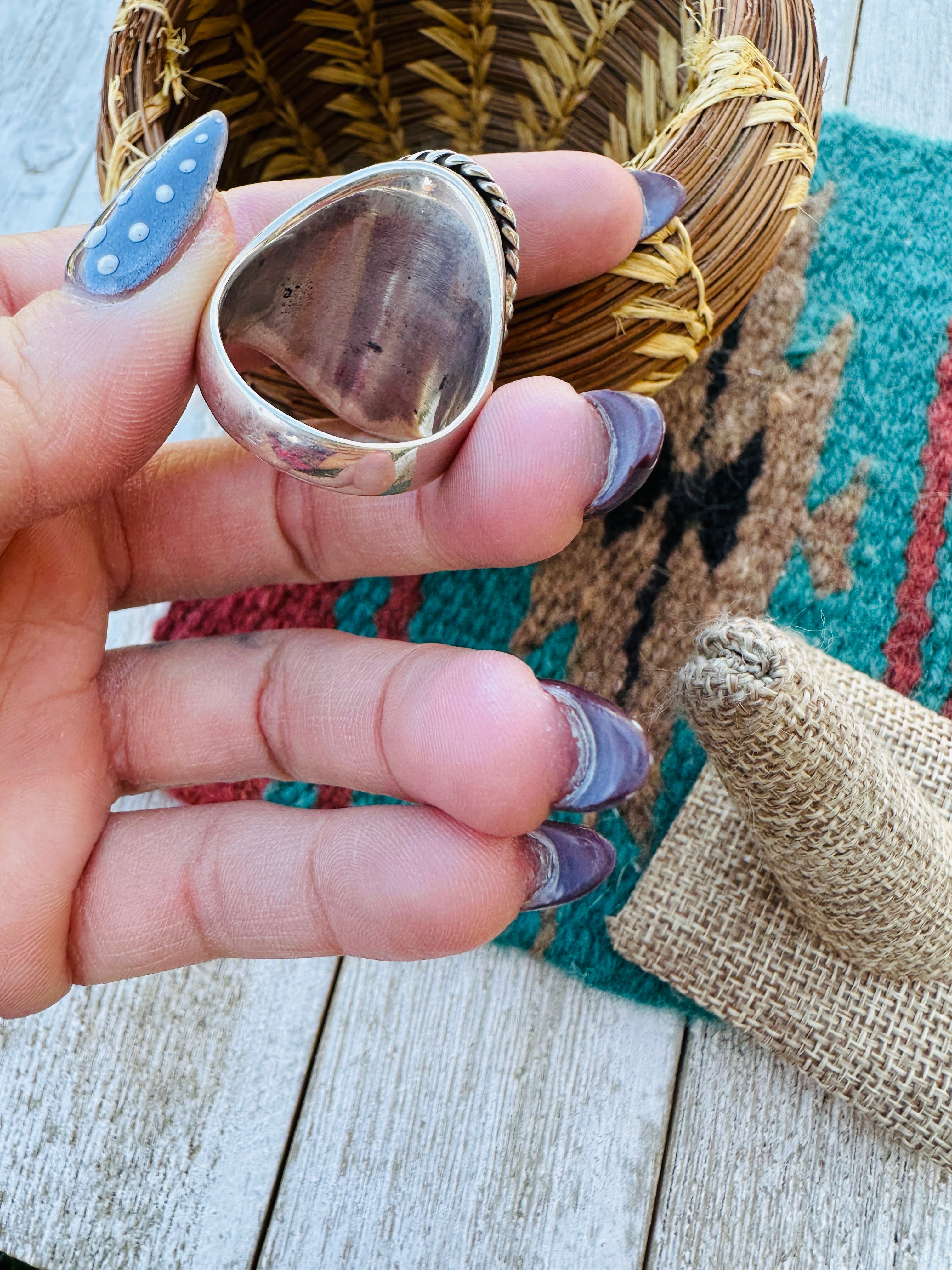 Handcrafted Turquoise & Sterling Silver Cigar Band Ring Size 10.5