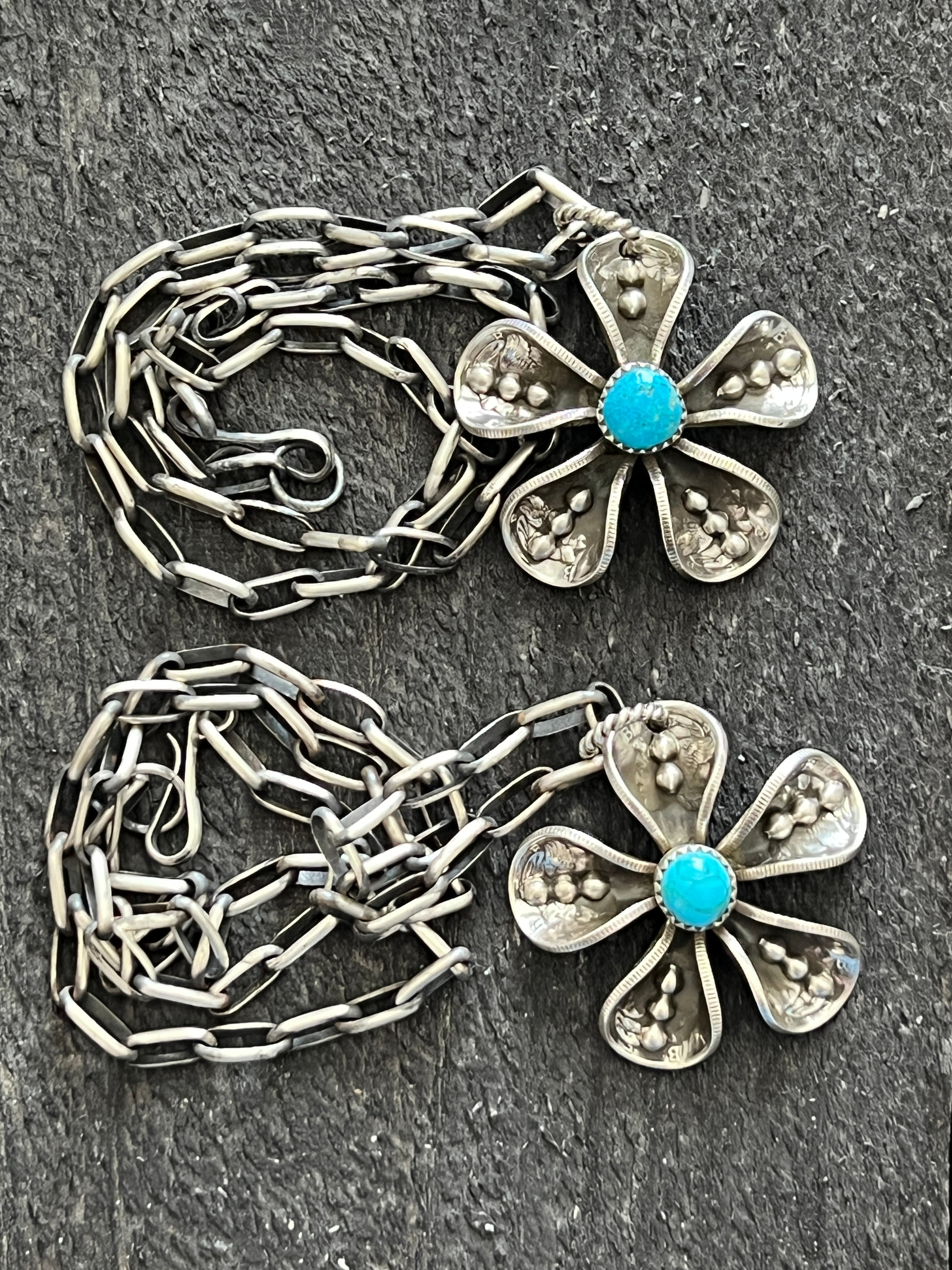 Handcrafted Sterling and Coin Silver Mercury Dime Flower Pendant with Turquoise on Handmade Chain by James Begay