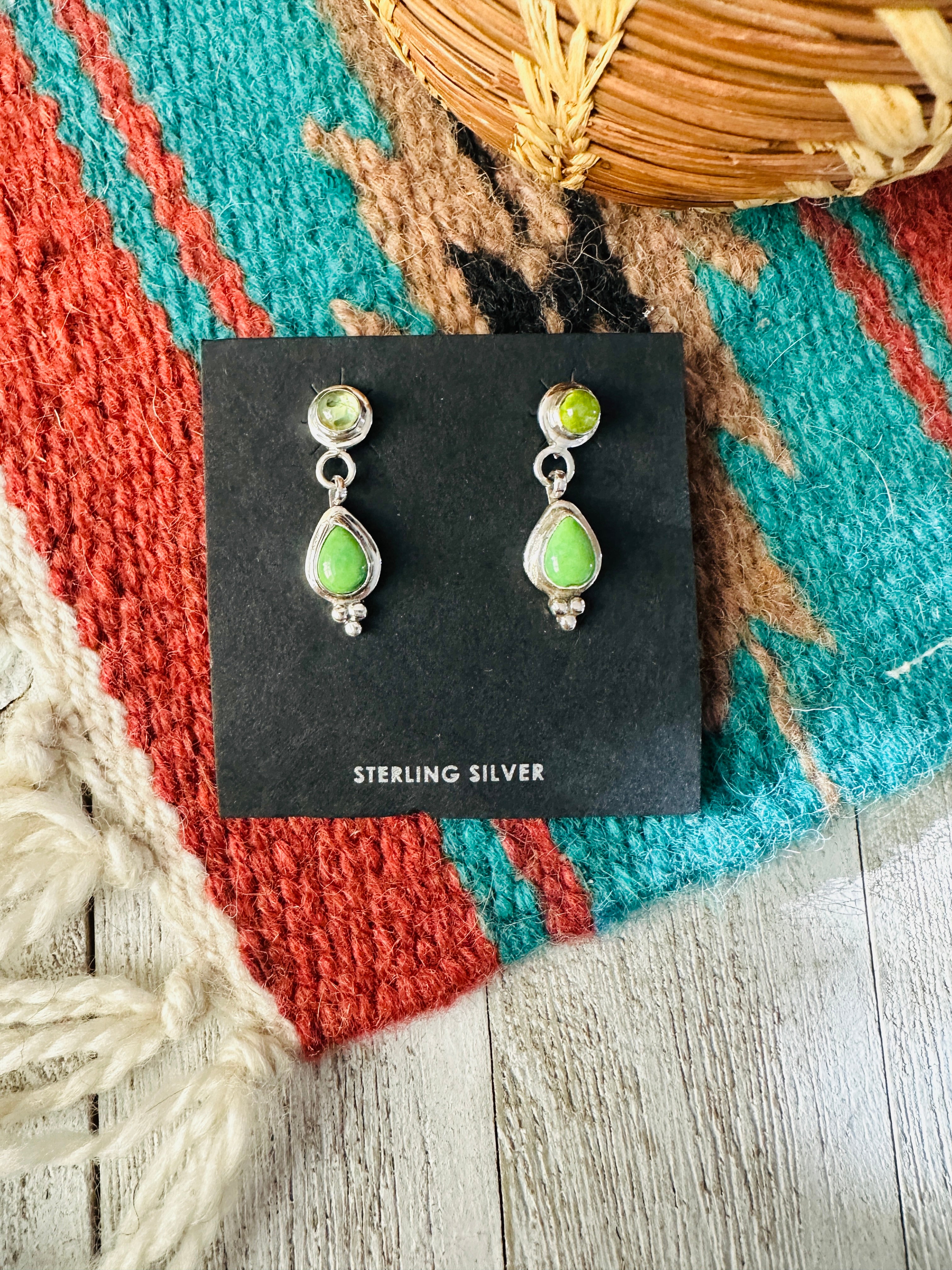 Navajo Gaspeite, Garner & Sterling Silver Dangle Earrings