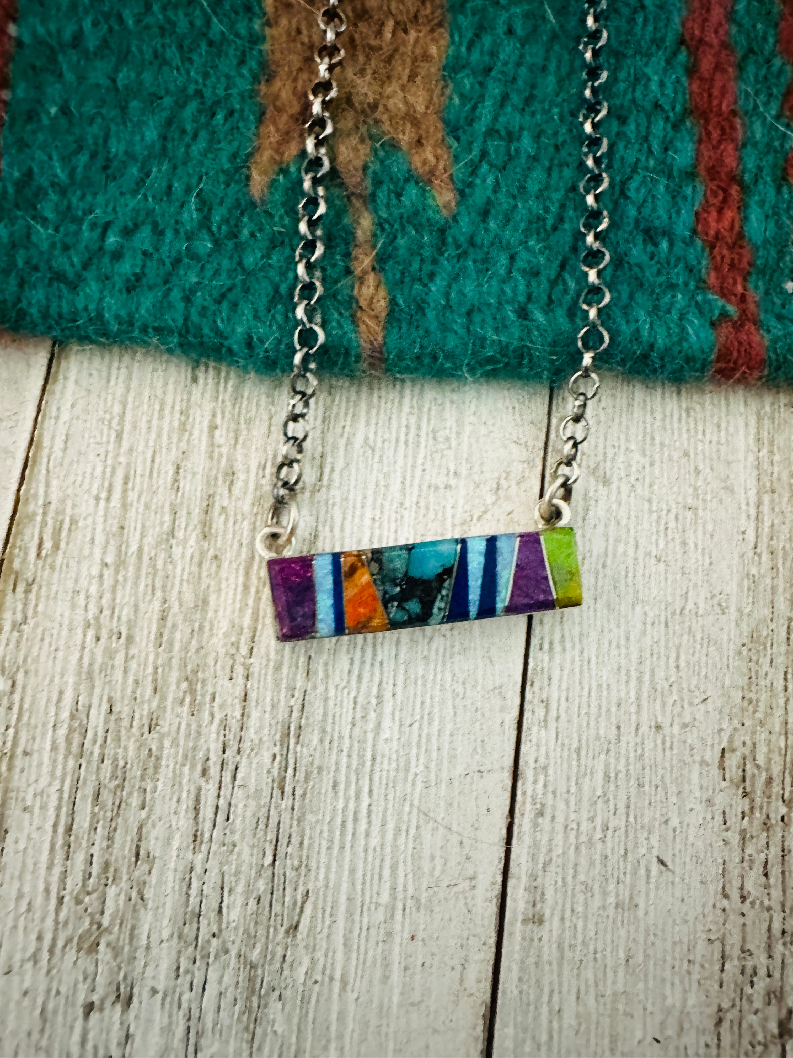 Navajo Multi Stone & Sterling Silver Inlay Bar Necklace