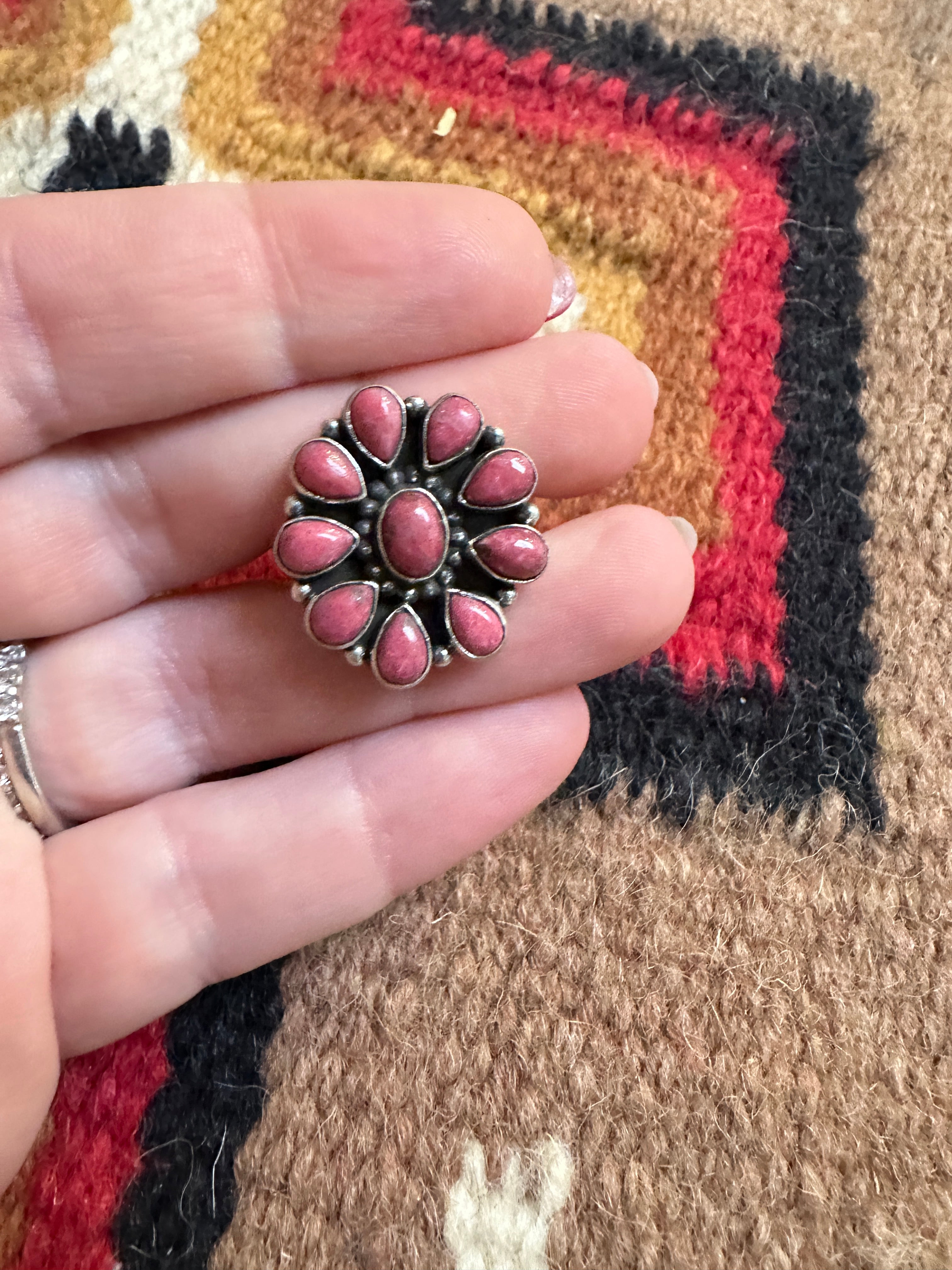 Beautiful Handmade Rhodonite And Sterling Silver Adjustable Cluster Flower Ring