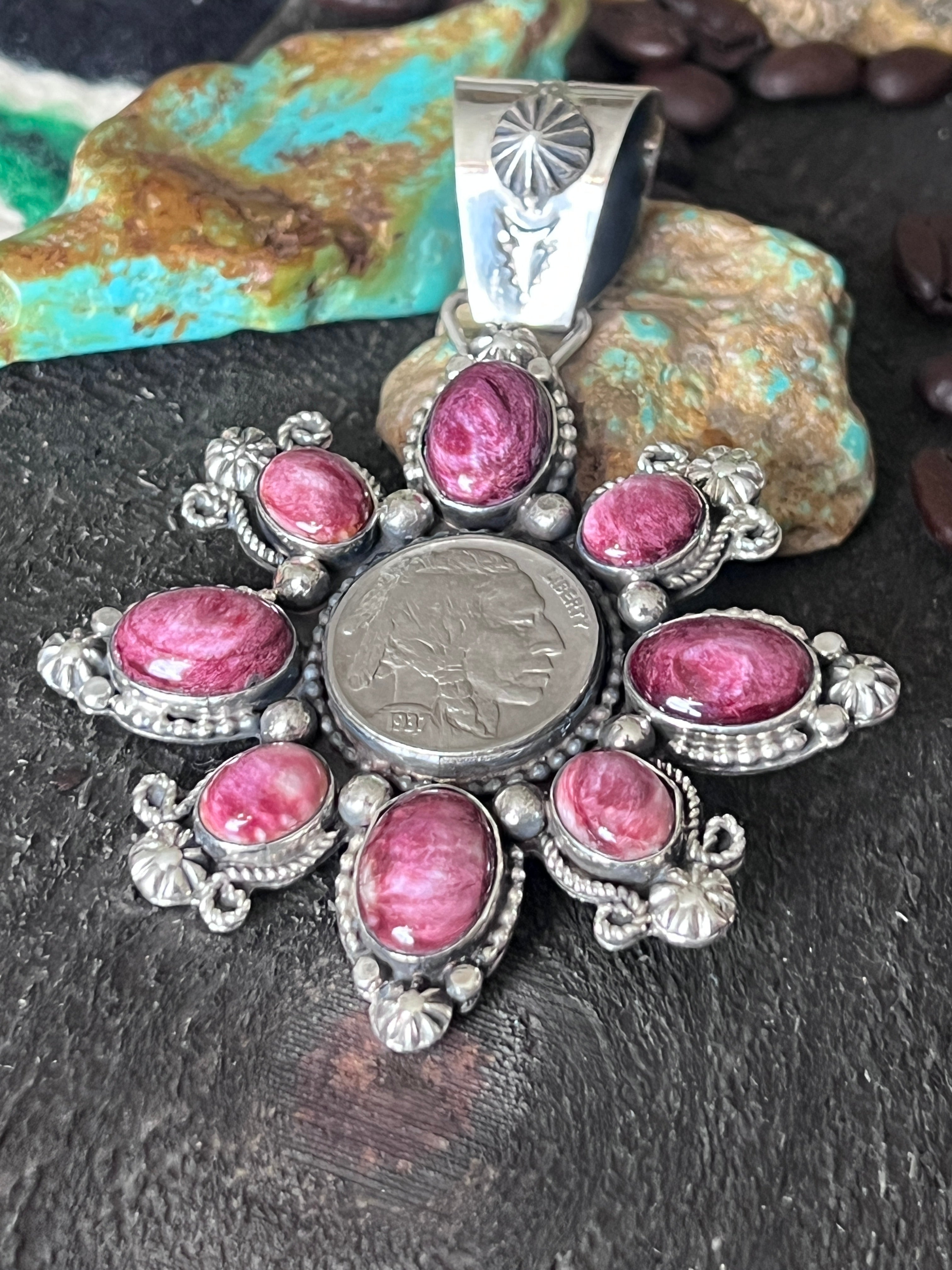 Sterling Silver, Indian Head Nickel and Purple Spiny Oyster Shell Cluster Pendant by Rosella Paxson