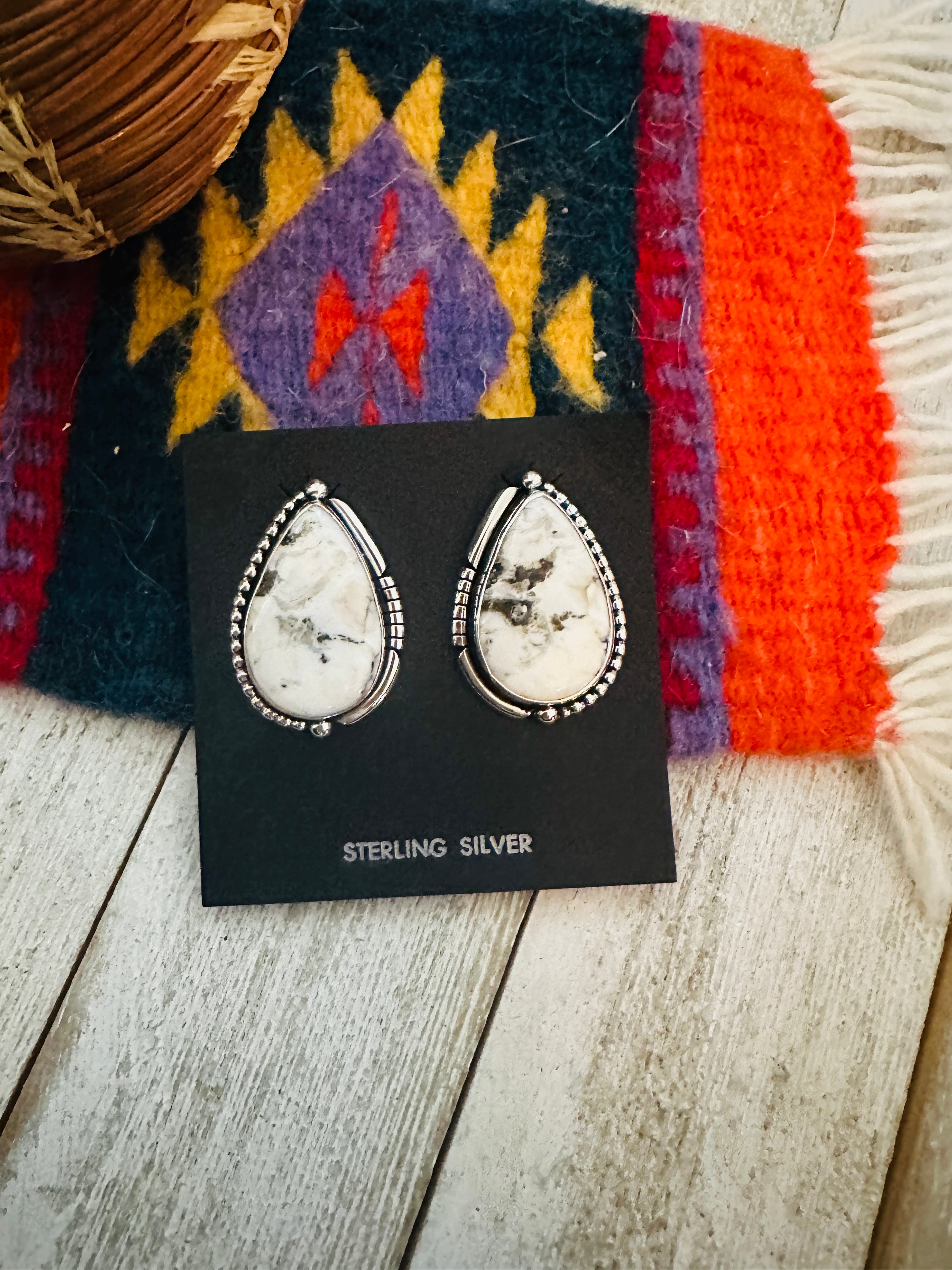 Navajo White Buffalo & Sterling Silver Post Earrings