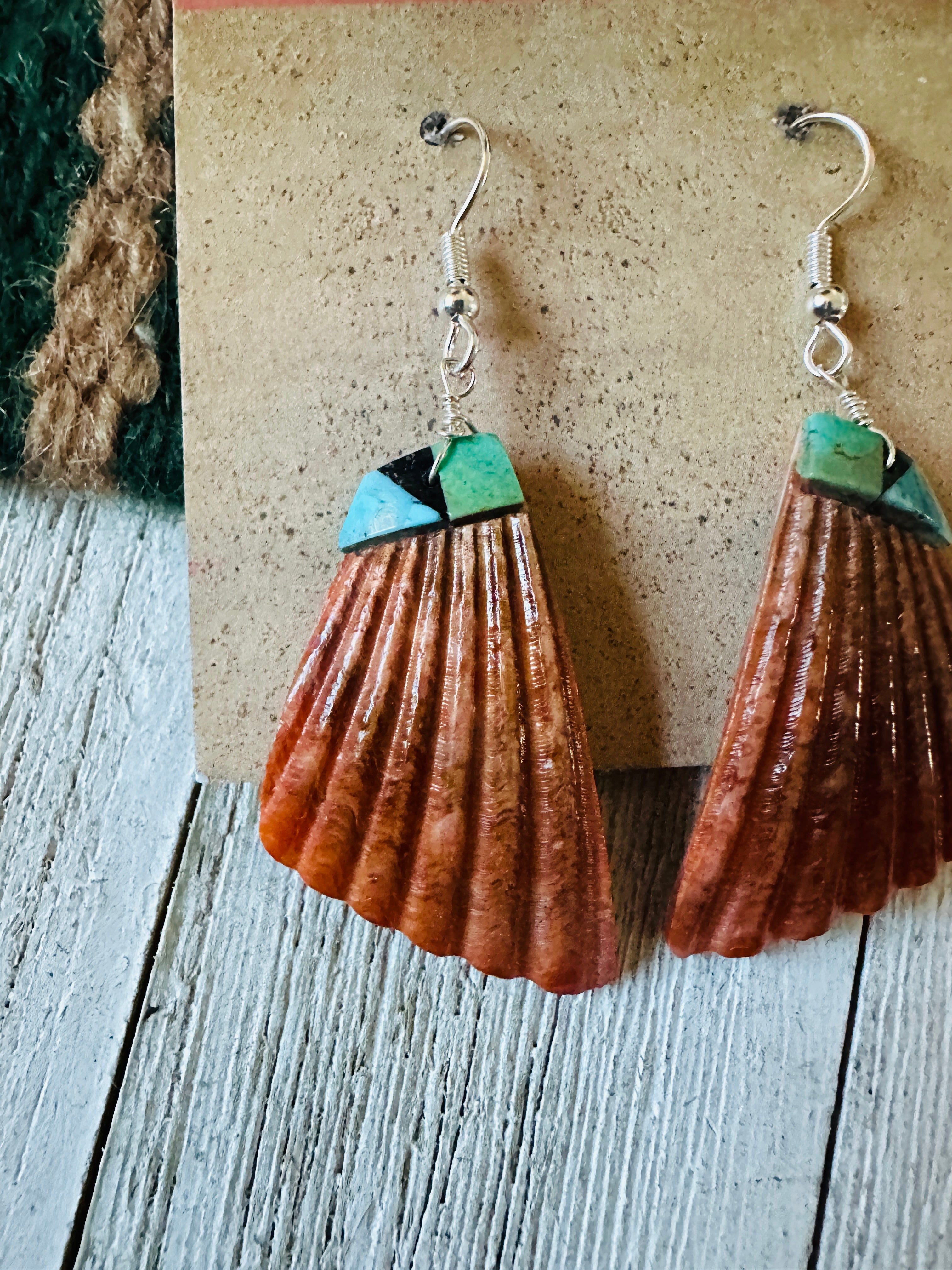 Santo Domingo Shell & Turquoise Feather Dangle Earrings