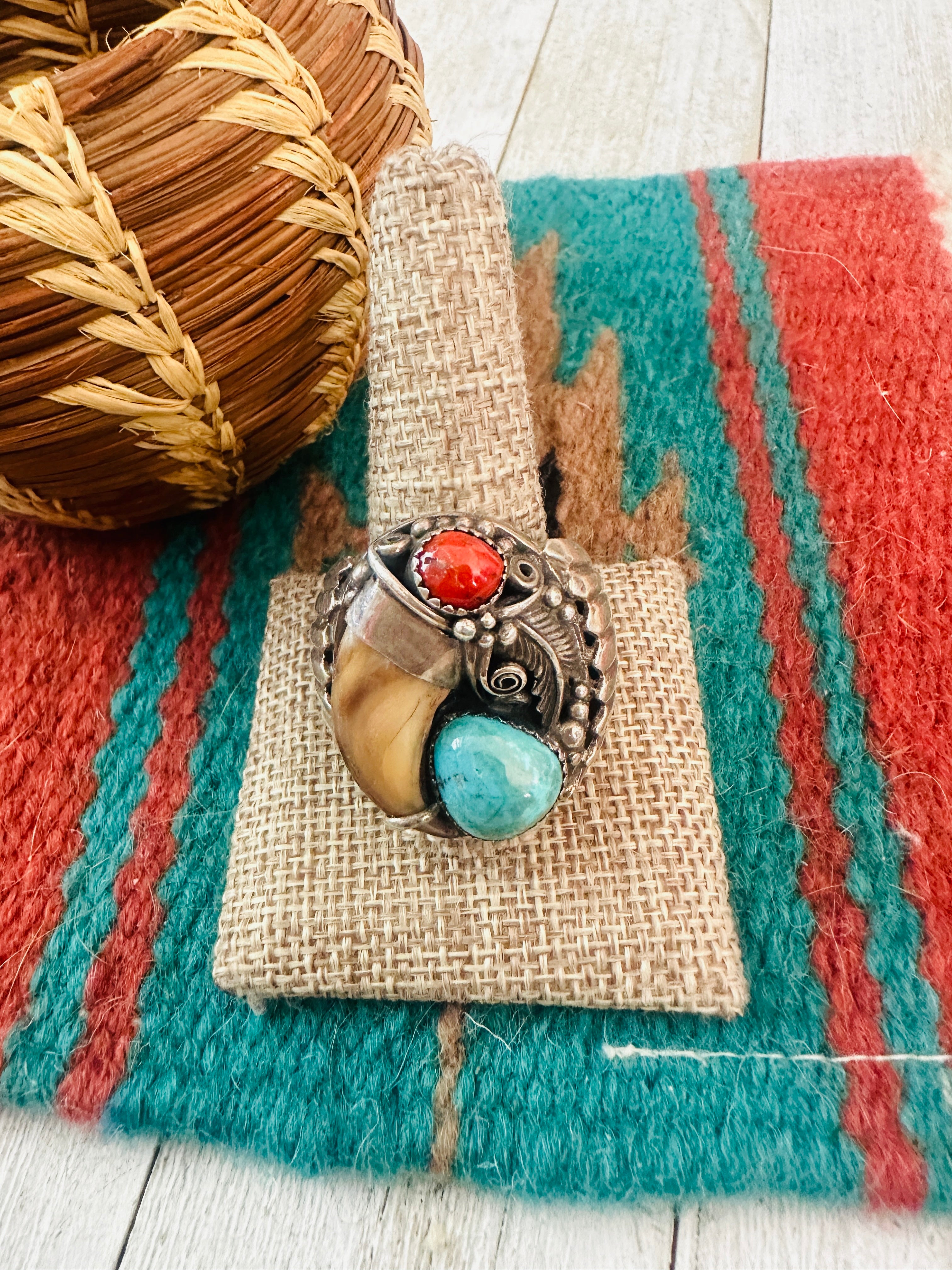 Handcrafted Old Pawn  Sterling Silver, Turquoise & Coral Claw Ring Size 11.5