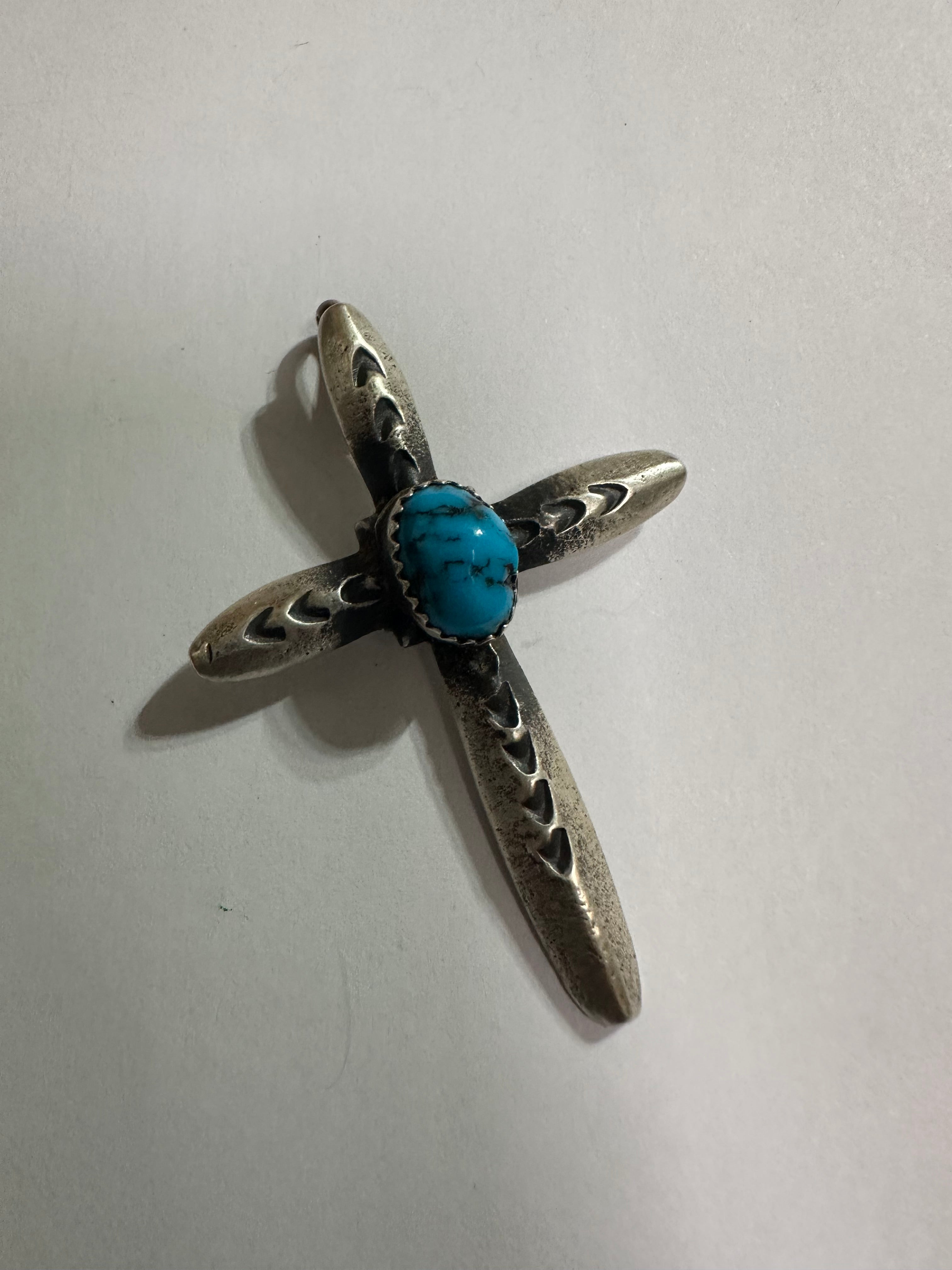 Beautiful Navajo Turquoise & Sterling Silver Cross Pendant Signed