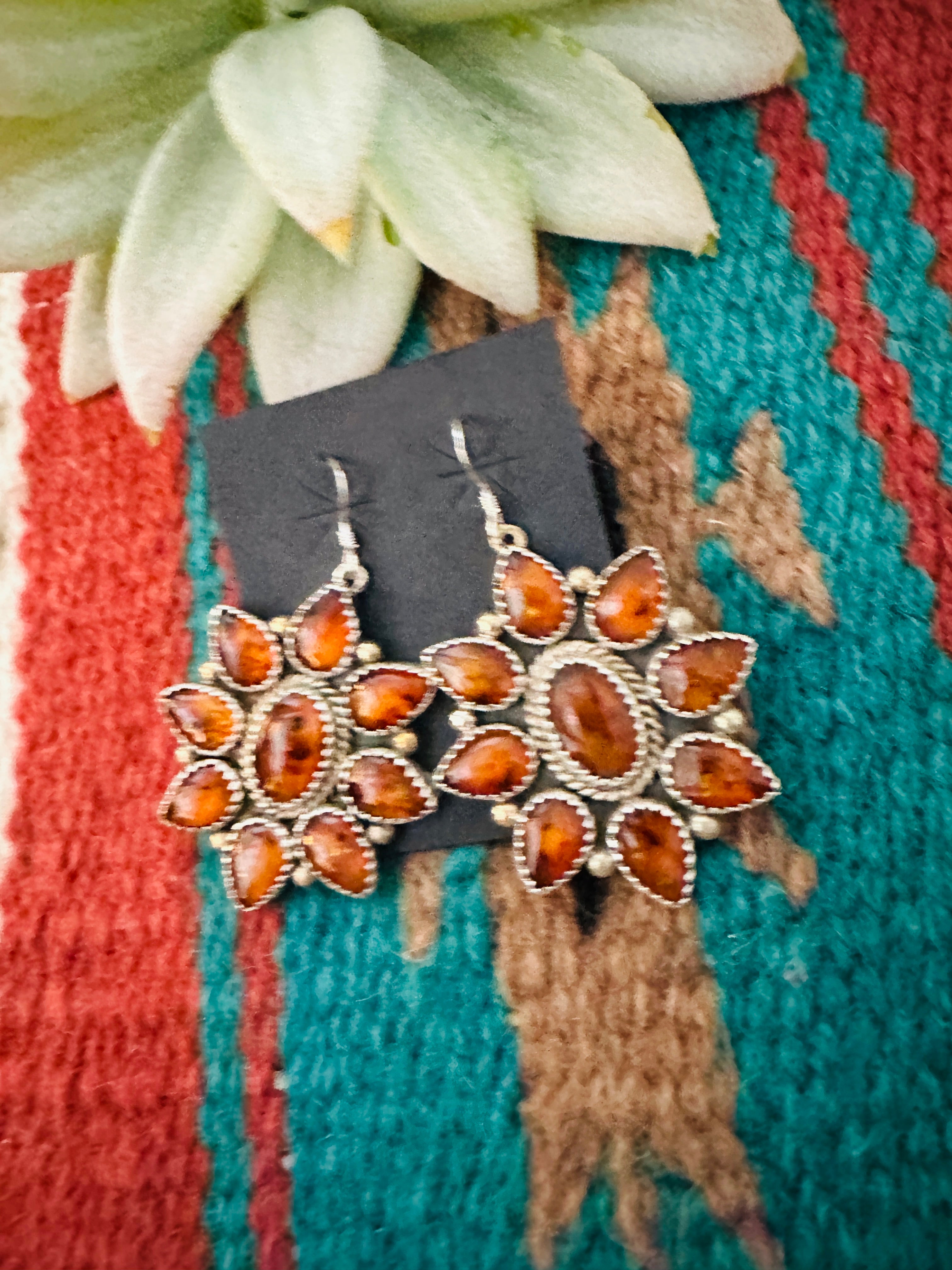 Navajo Amber & Sterling Silver Cluster Dangle Earrings