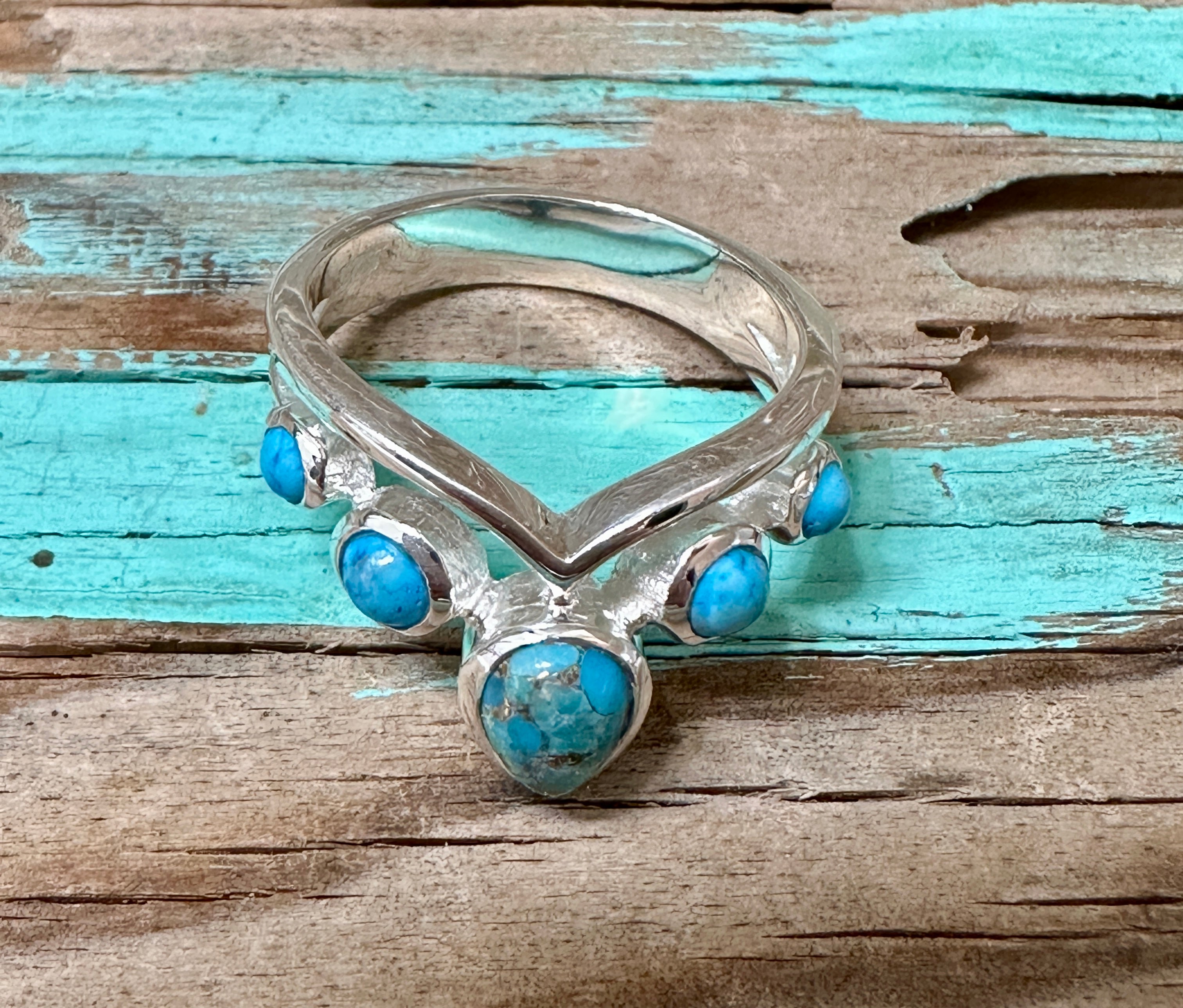 Four Stone Blue Copper Turquoise Sterling Silver Ring Size 8.5