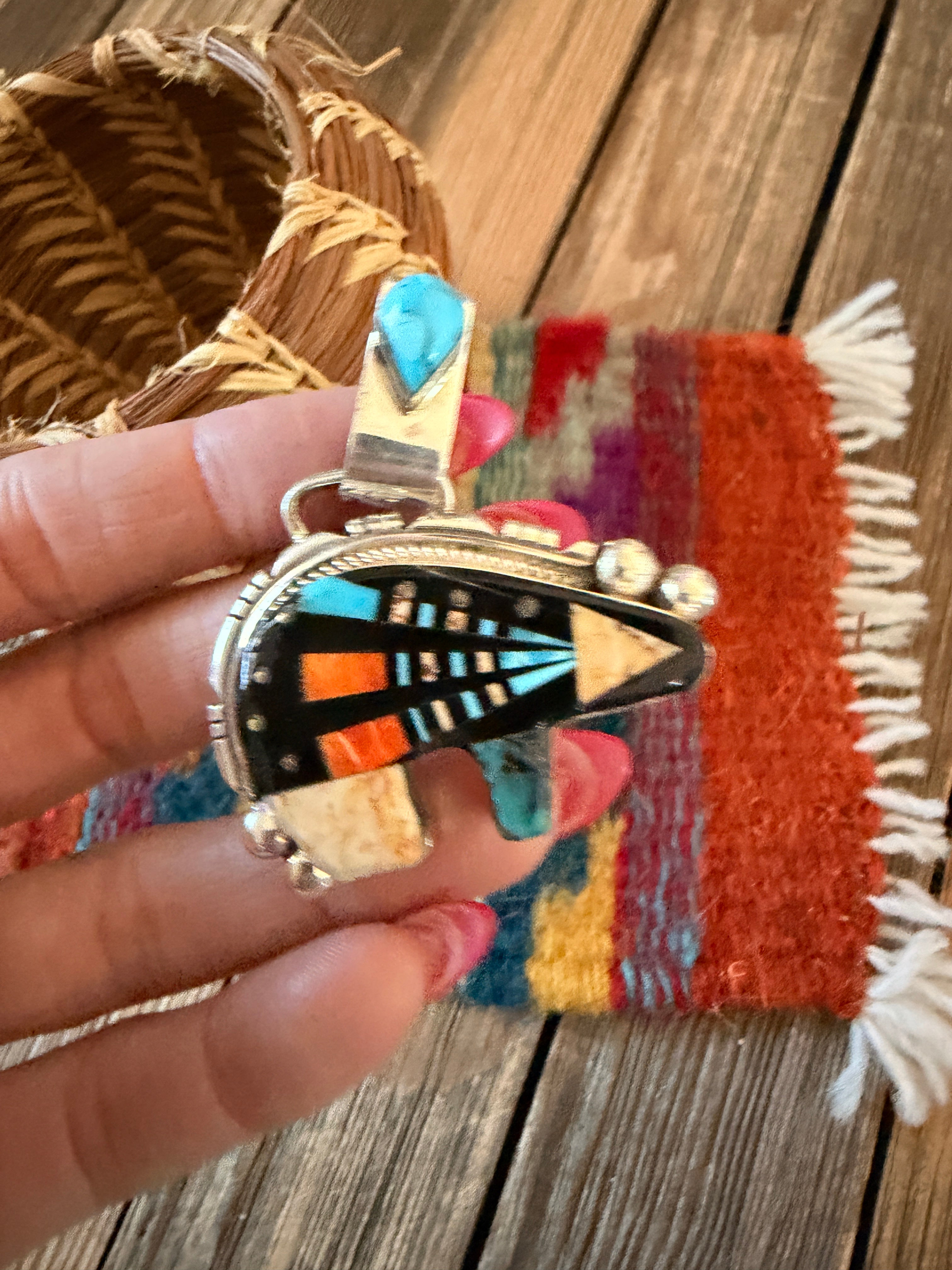Handcrafted Sterling Silver and Multi Stone Inlay Bear Pendant by Ray Jack