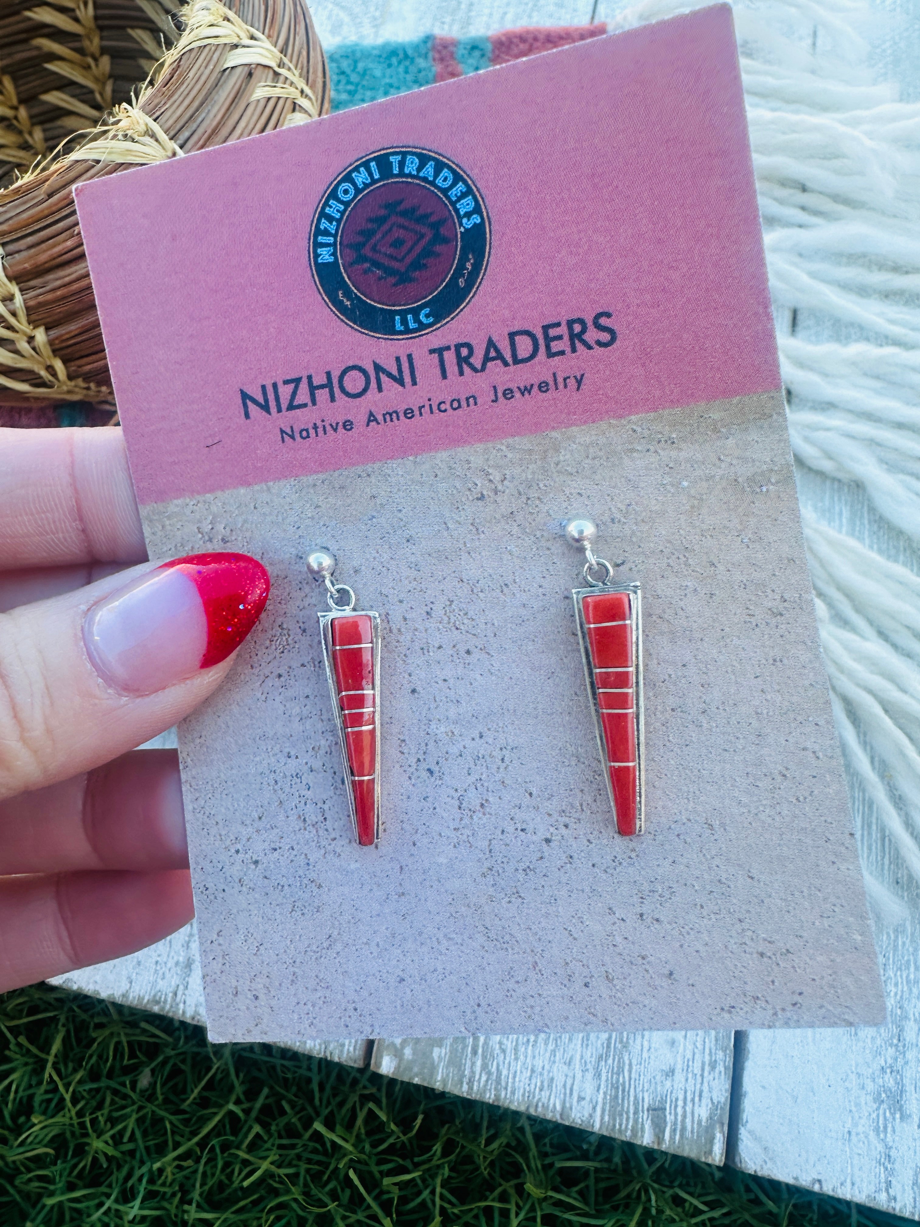Handcrafted Coral & Sterling Silver Inlay Dangle Earrings