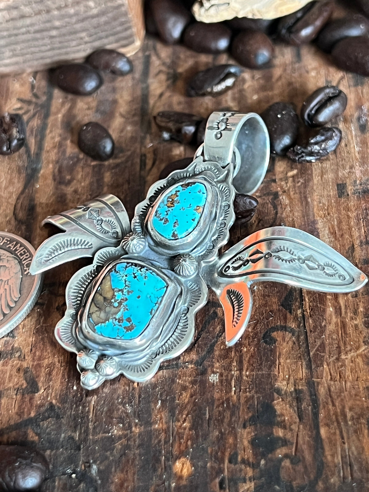 Handcrafted Kimari Somers Sterling Silver and Turquoise Winged Bug Pendant