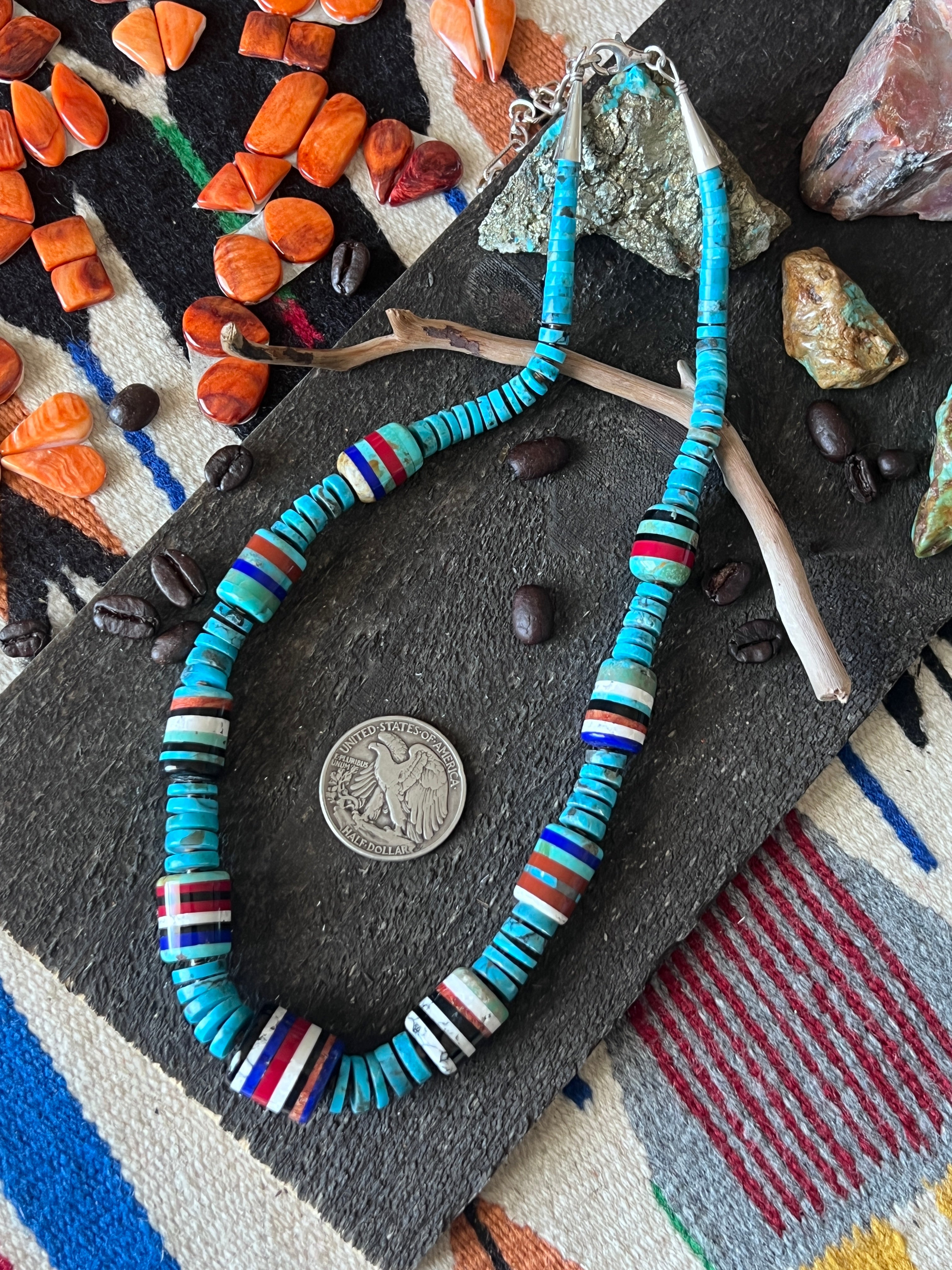 Ronald Chavez Handcrafted Turquoise Heishi Beaded Santo Domingo Neckla