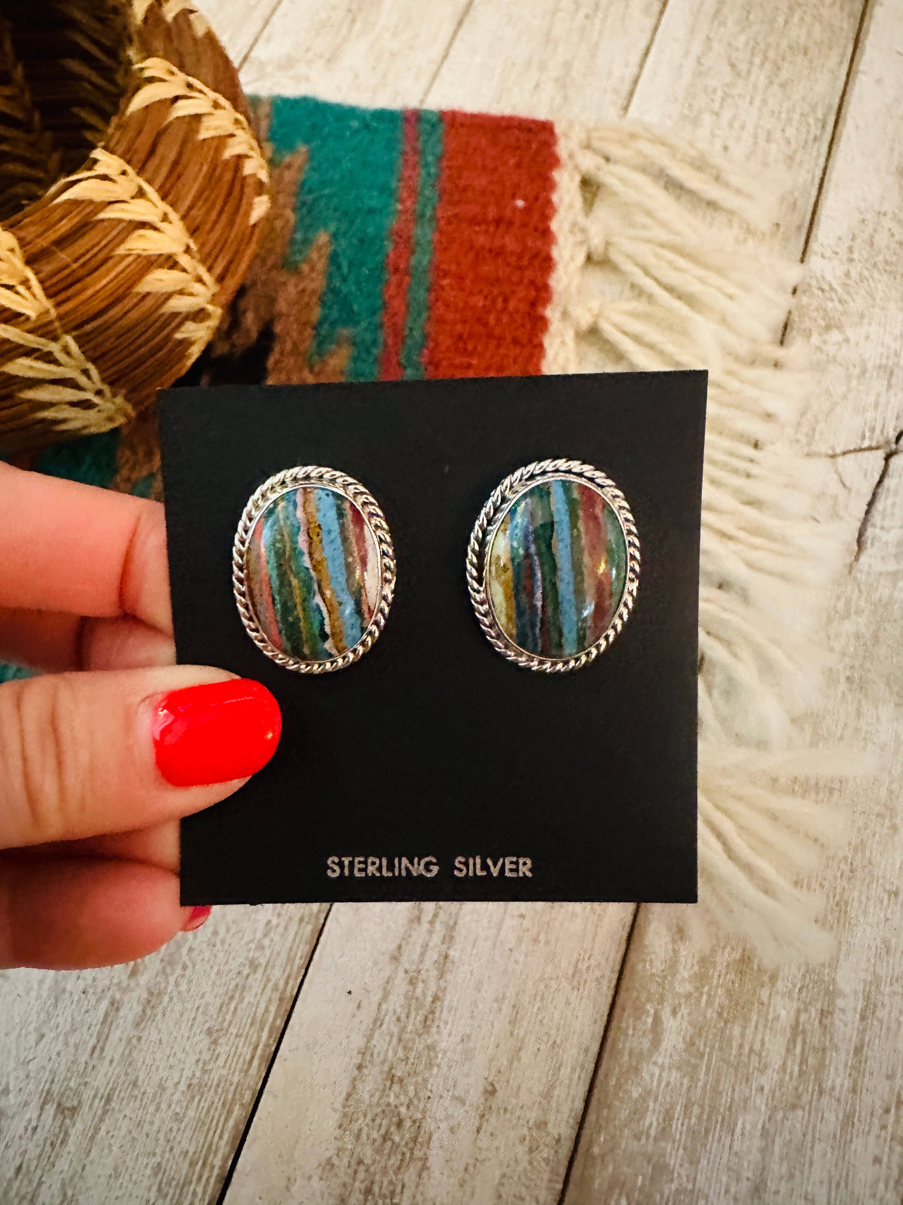 Native American Sterling and hot Rainbow Calsilica Earrings