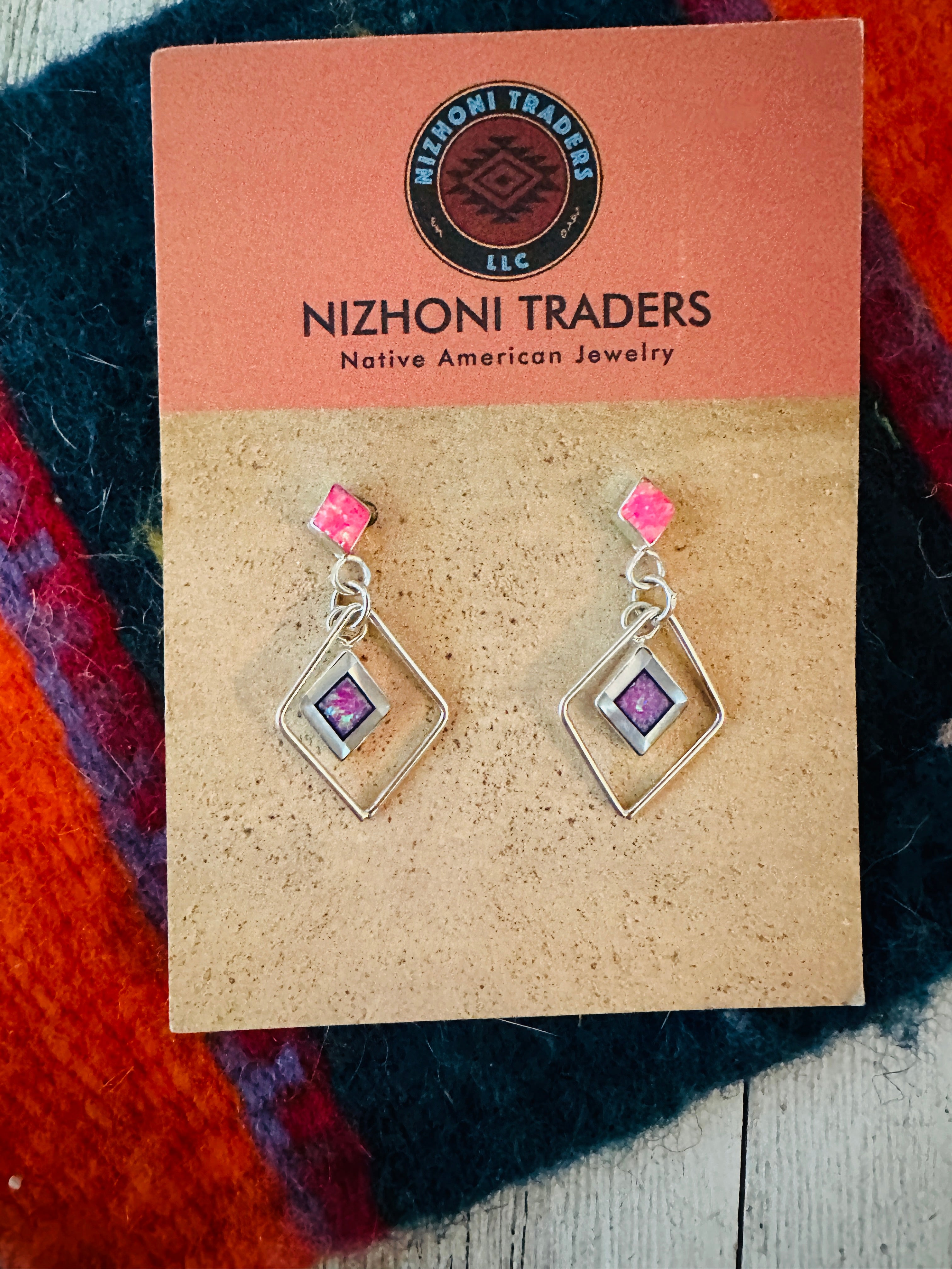 Zuni Sterling Silver & Pink Opal Diamond Dangle Earrings